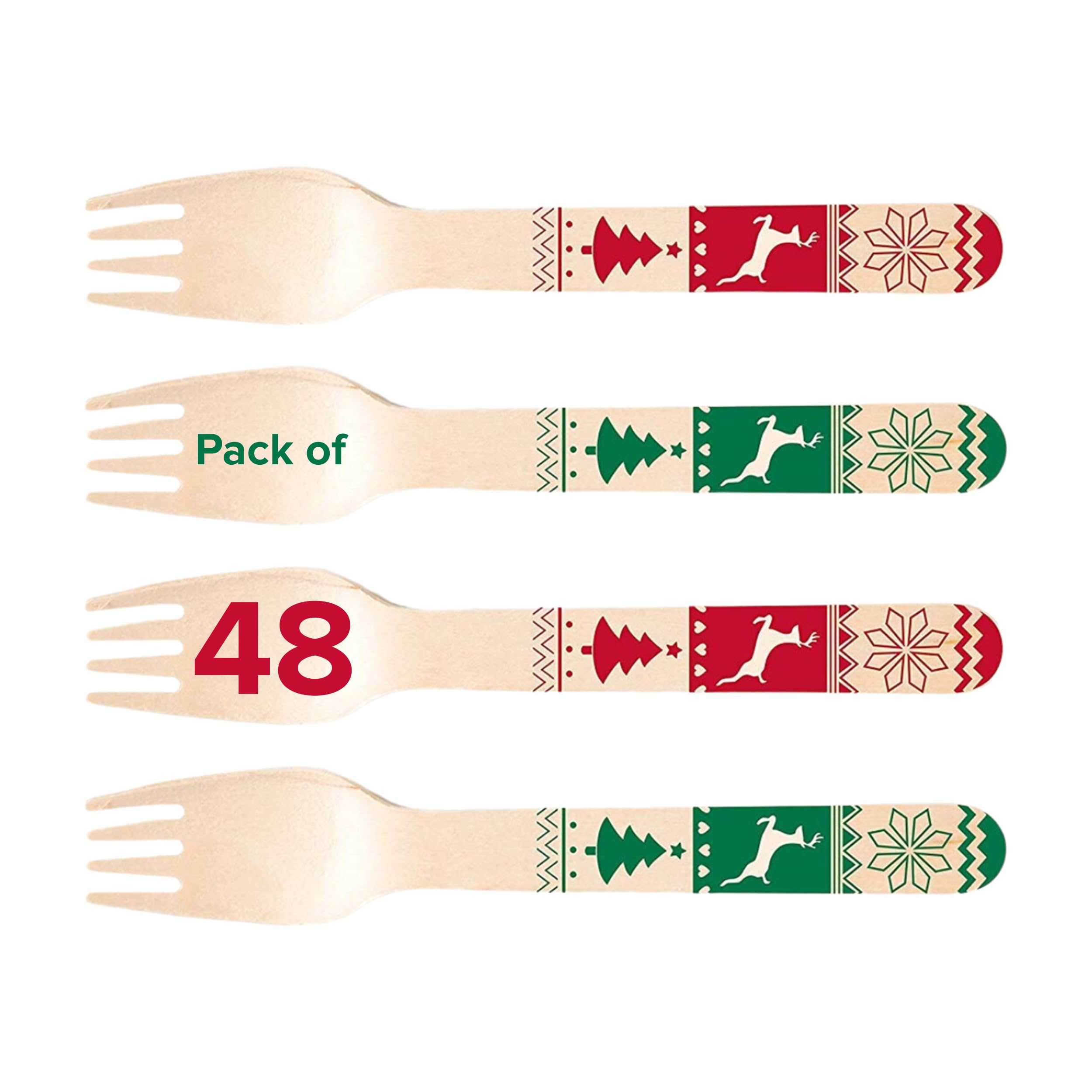 48-Pack Christmas Wooden Forks - 24 Red & 24 Green Holiday Disposable Cutlery for Parties, Picnics & Festive Gatherings