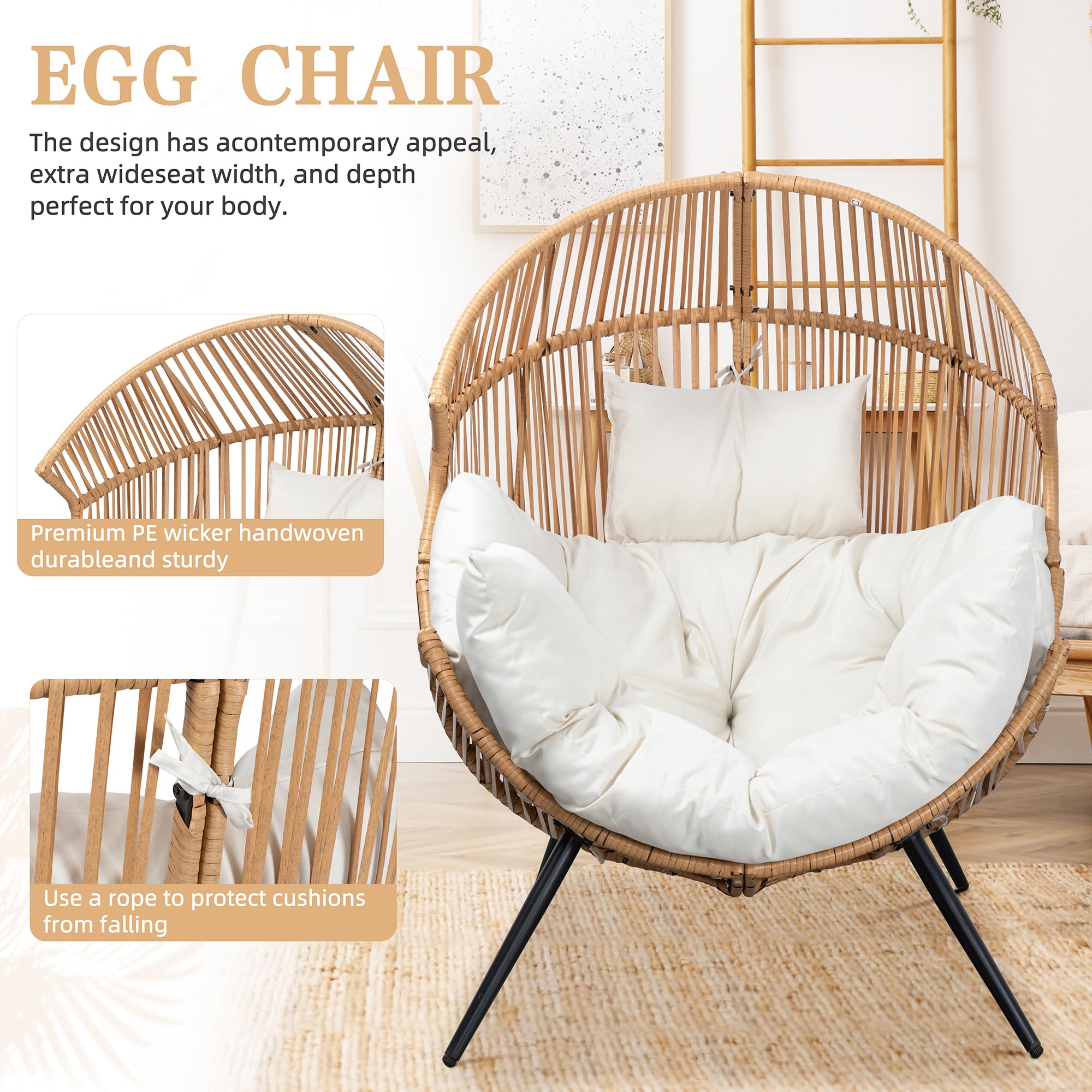 Vongrasig PE Rattan Egg Chair with Cushion - Oversized Wicker Hanging Chair for Patio, Garden, Balcony & Indoor Use - Comfortable Outdoor Lounge Chair in Beige - Perfect for Relaxing, Reading & Sunbathing