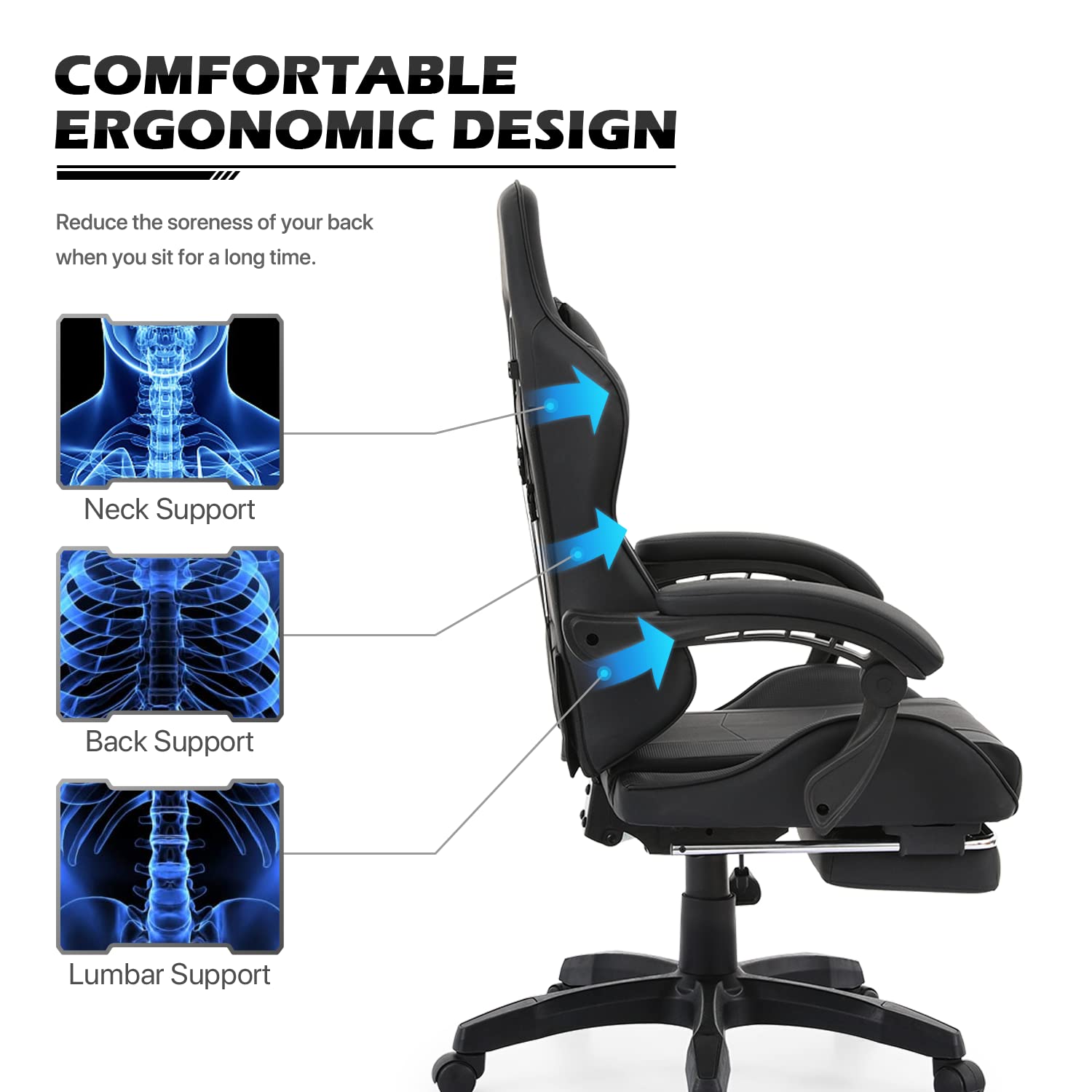 Premium Ergonomic Gaming Chair with Adjustable Height, Footrest & Lumbar Support - Carbon Fiber Leather High Back Racing Chair for Adults & Teens - Perfect for Office Work, PC Gaming & Home Entertainment (Black)