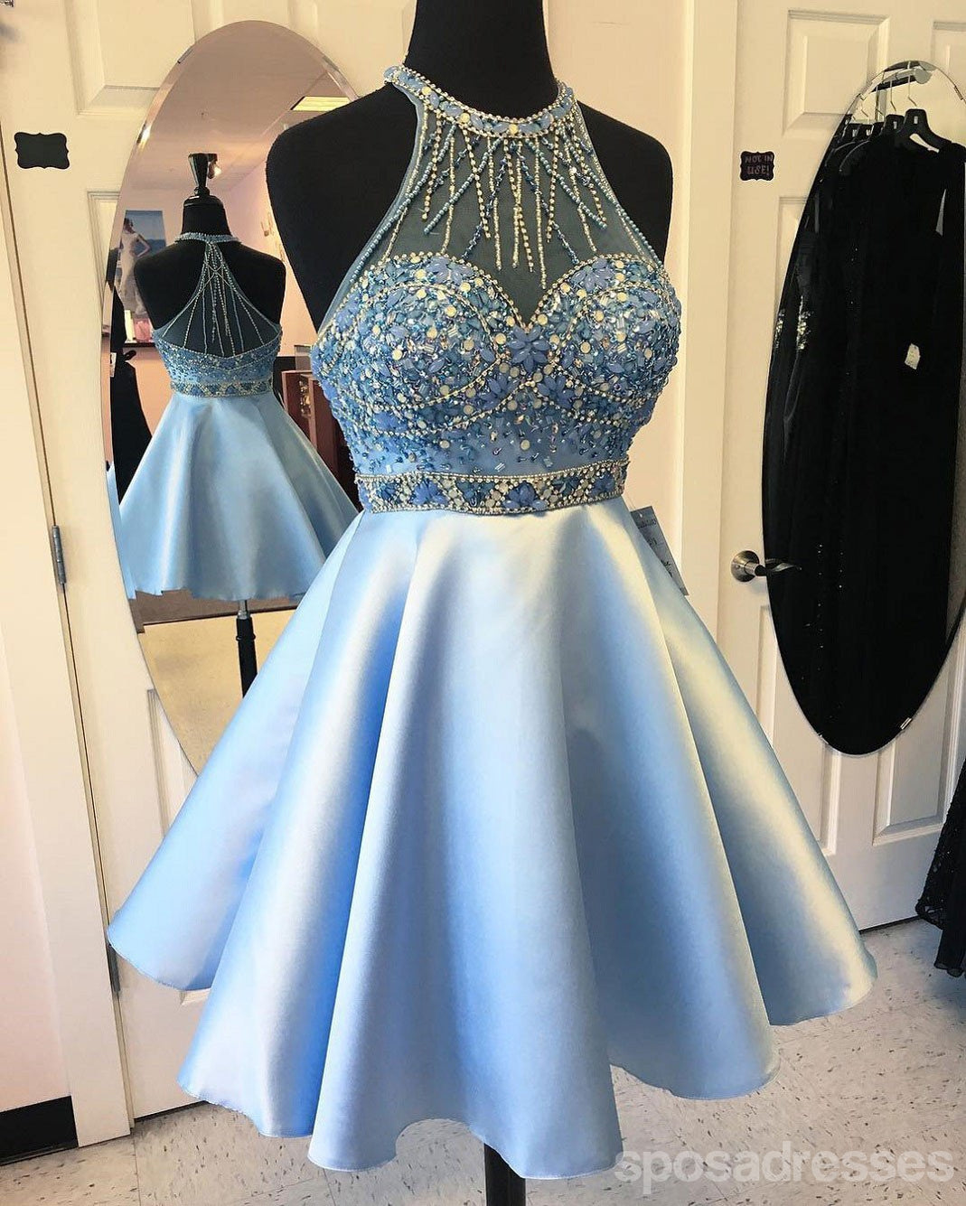Elegant Blue Halter Beaded Short Homecoming Dress for Women - Perfect for Prom, Party & Special Occasions | CM597