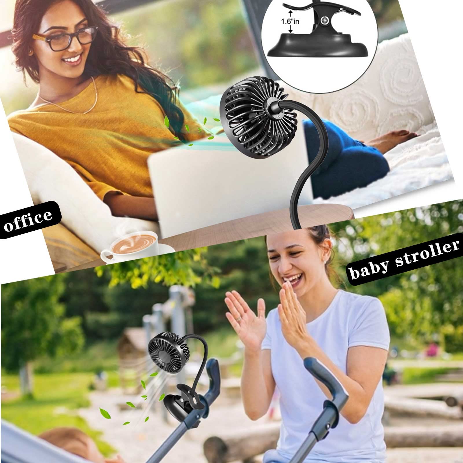 USB Clip on Mini Fan - Rechargeable Battery Operated Desk Fan with Emergency Power Bank, 3 Speed Adjustable Flexible Neck - Perfect for Baby Stroller, Beach, Car, Camping, Dorm, Bed & Office (Black)