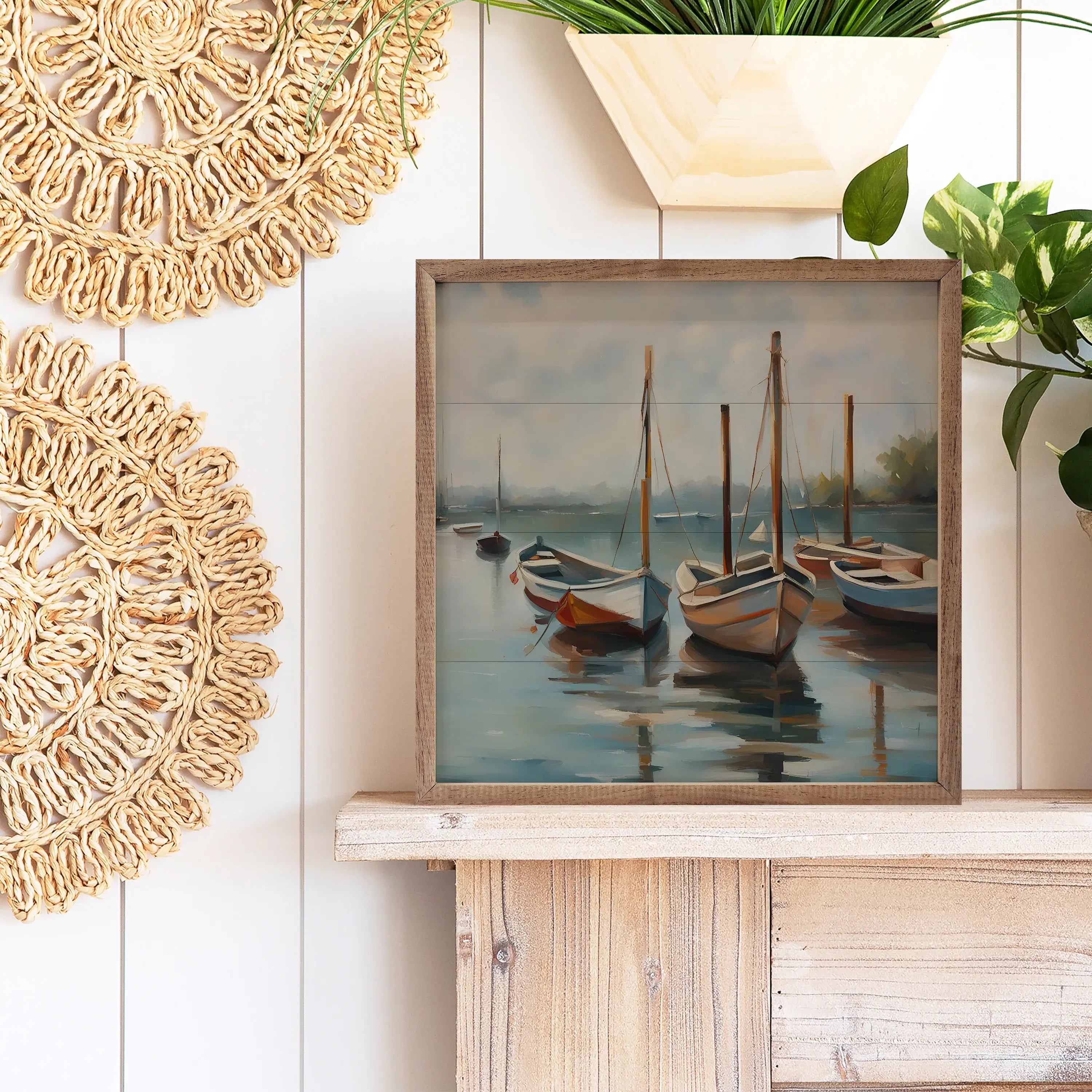 Boats on Pier Wood Framed Wall Art - Nautical Coastal Decor for Living Room, Bedroom & Office