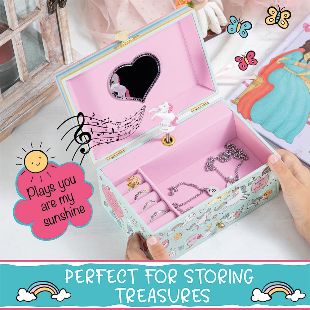Musical Unicorn Jewelry Box for Girls - Kids Music Box Jewelry Organizer with Drawer Plays 'You Are My Sunshine' - Includes Heart Necklace & Bracelet Set - Perfect Gift for Birthdays, Christmas & Room Decor