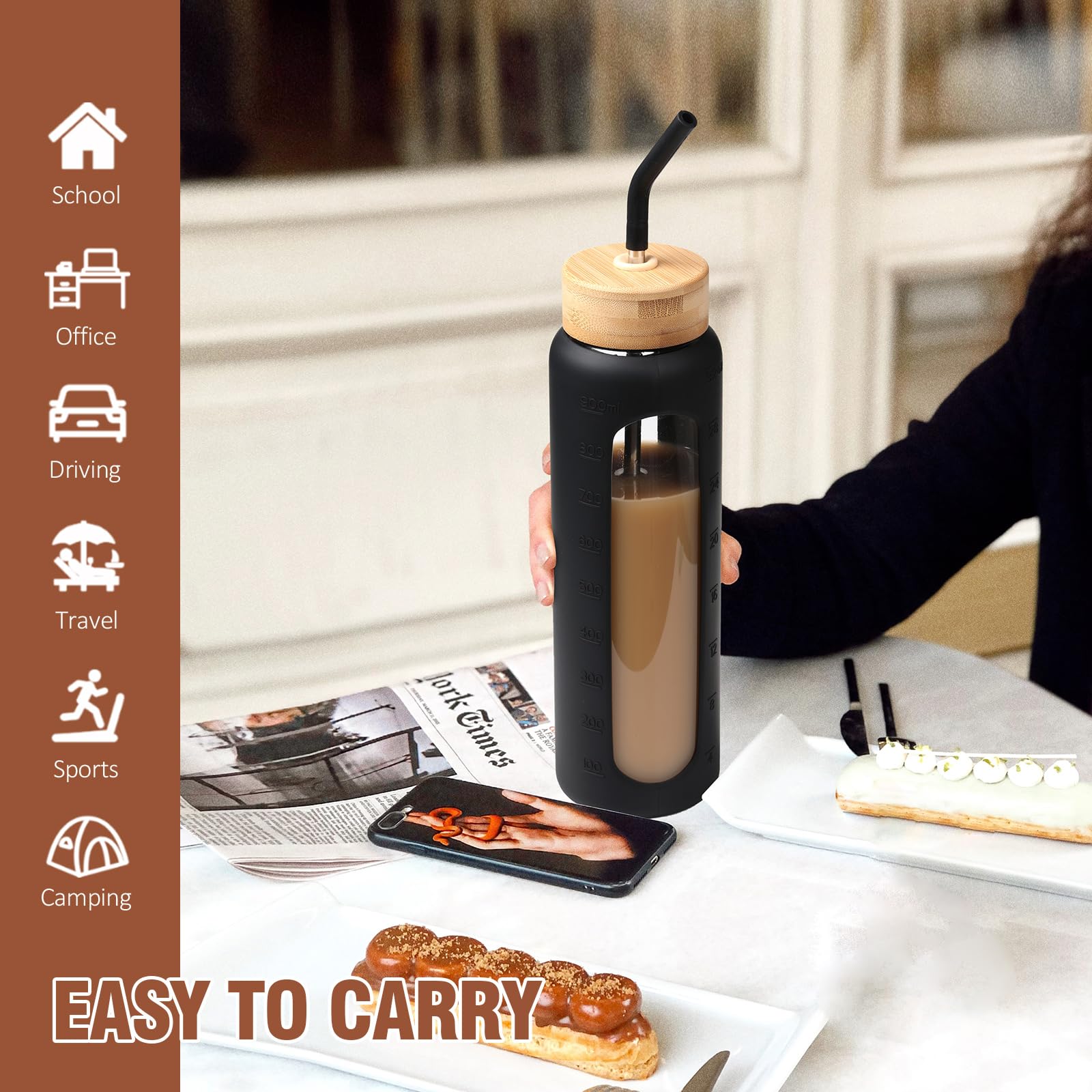 Kodrine 32 oz Glass Water Bottle with Straw & Silicone Sleeve - 1 Liter Clear Wide Mouth Bottle with Time Marker, Includes 2 Lids (Chug & Bamboo Straw) - Perfect for Gym, Hiking, Office & Travel Hydration