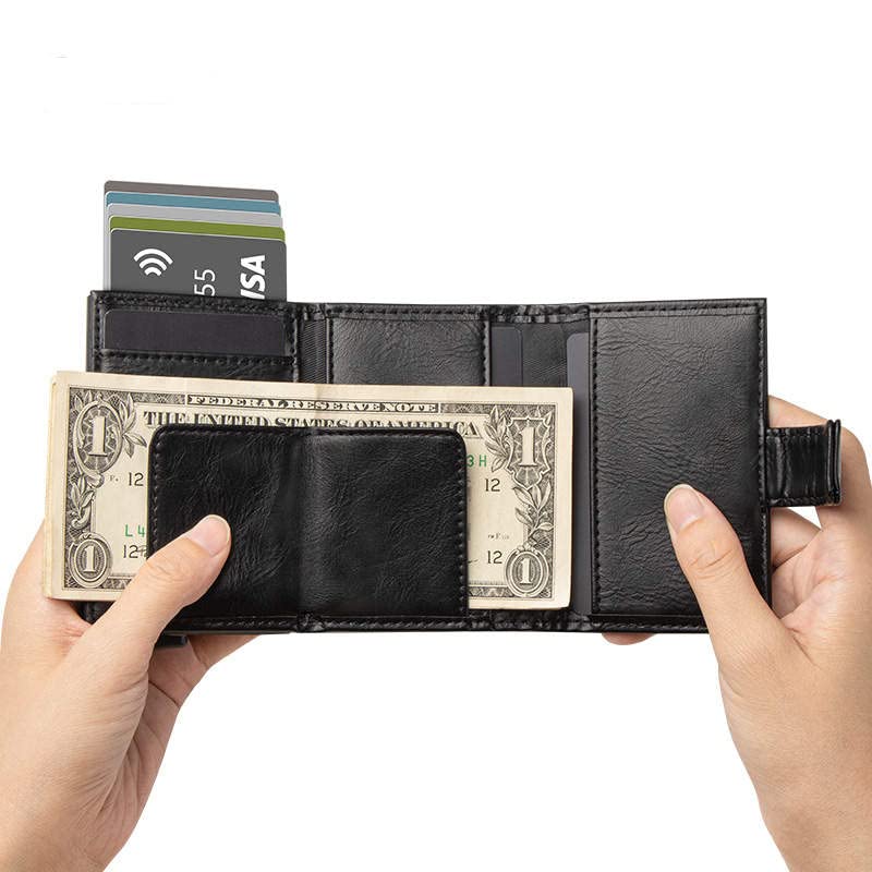 Premium RFID Blocking Smart Leather Wallet for Men - Aluminum Credit & Debit Card Holder with HASP Lock, Quick Access Pop-Up Design | Ideal for Travel, Business & Everyday Use (Black)