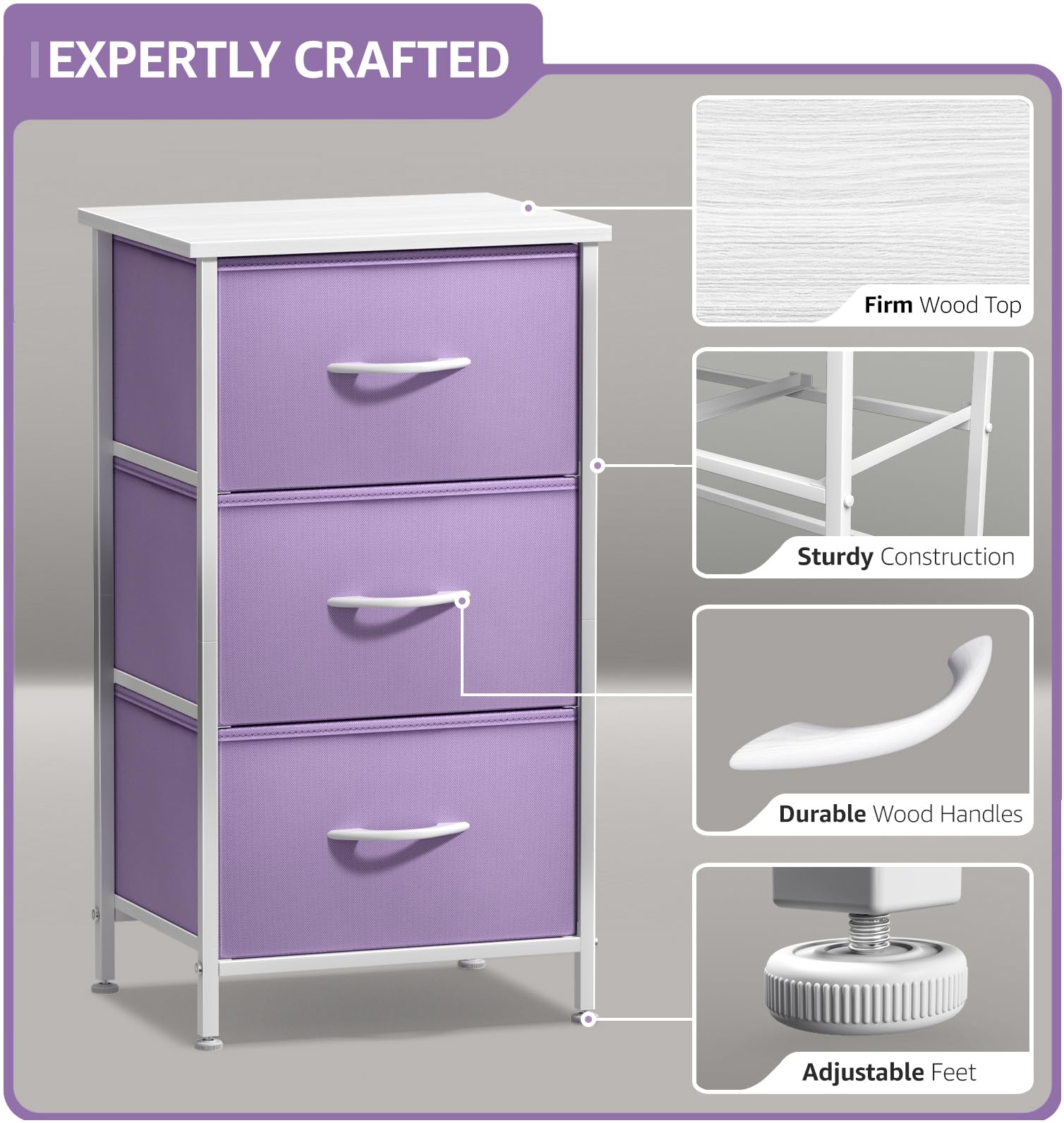 Sorbus 3-Drawer Nightstand with Steel Frame & Wood Top - Modern Bedside Table for Bedroom, Office, College Dorm | Pastel Purple Fabric Bins | Perfect for Small Spaces & Apartment Living