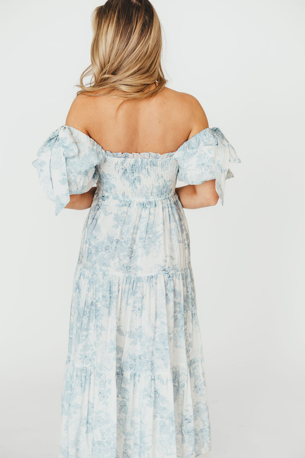 Elena Floral Print Smocked Midi Dress in Blue - Bump Friendly Maternity Dress & Inclusive Sizing for Women - Perfect for Baby Showers, Bridal Events & Summer Weddings