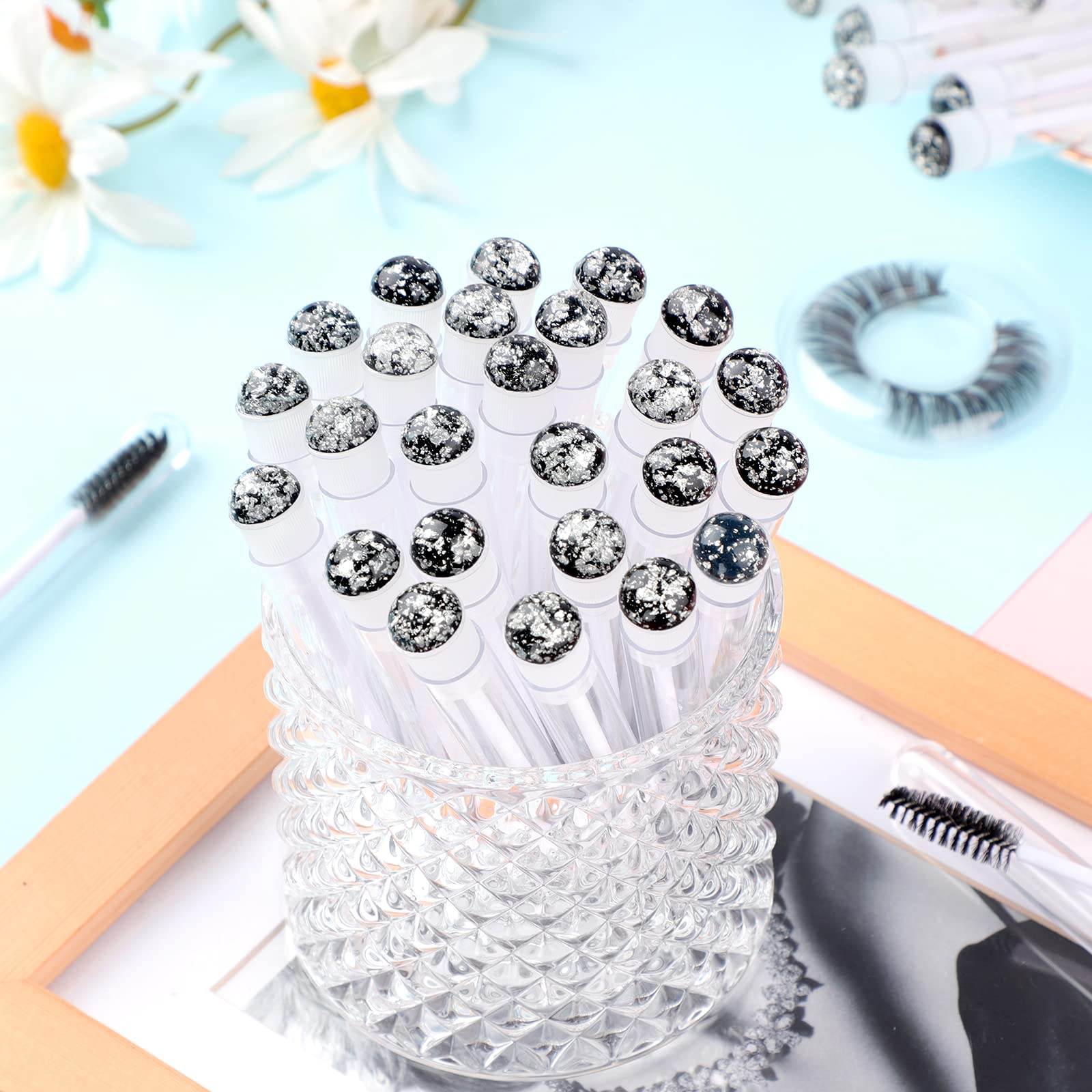 50pcs Eyelash Brushes - Professional Lash Wand Makeup Tools for Eyelash Extensions, Mascara Application & Cleaning | Diamond Mascara Foil Black Brushes for Salon, Home & Travel Use