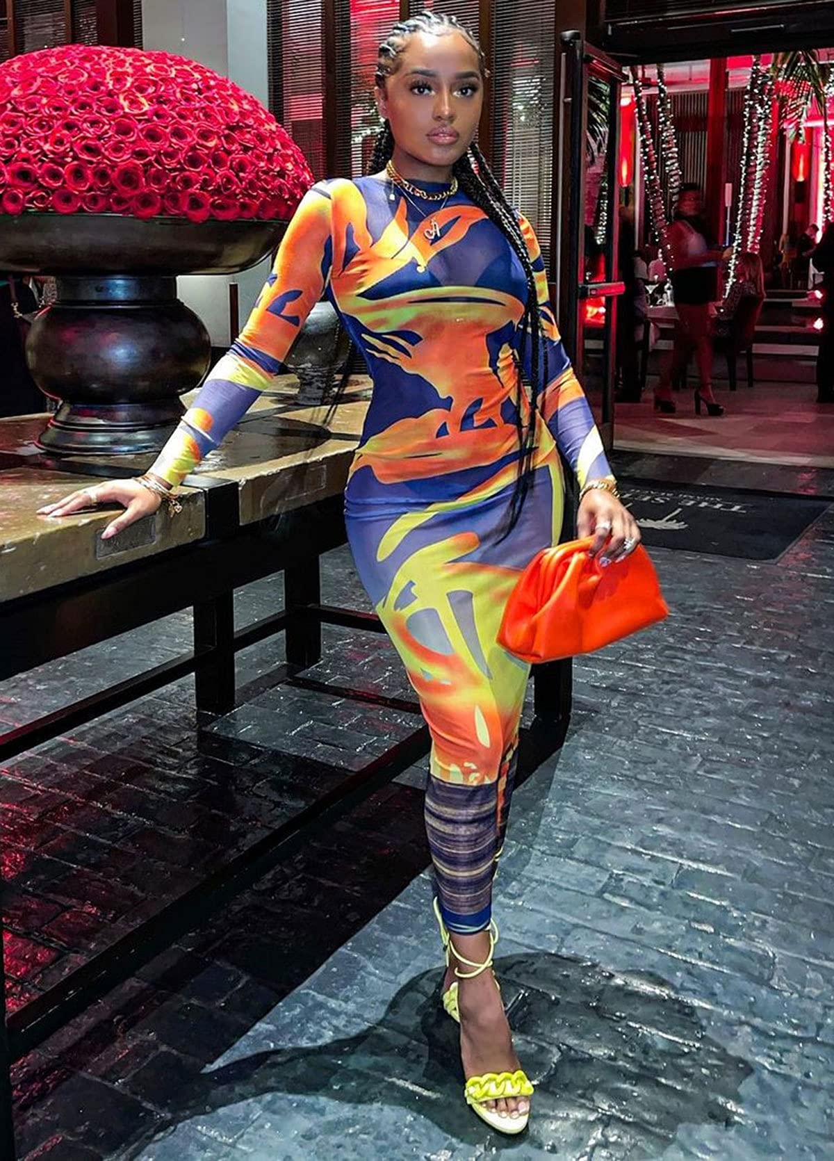 BYDIVA Women's Sunset Print Sheer Mesh Bodycon Long Dress - Sexy Summer Beach Vacation Dress for Pool Party, Evening Out, and Date Night