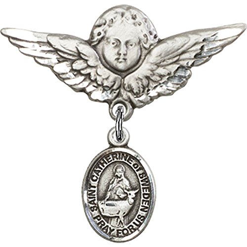 Sterling Silver Baby Badge Pin - St. Catherine of Sweden Charm & Angel Wing Pendant for Christening, Baptism & Newborn Gifts