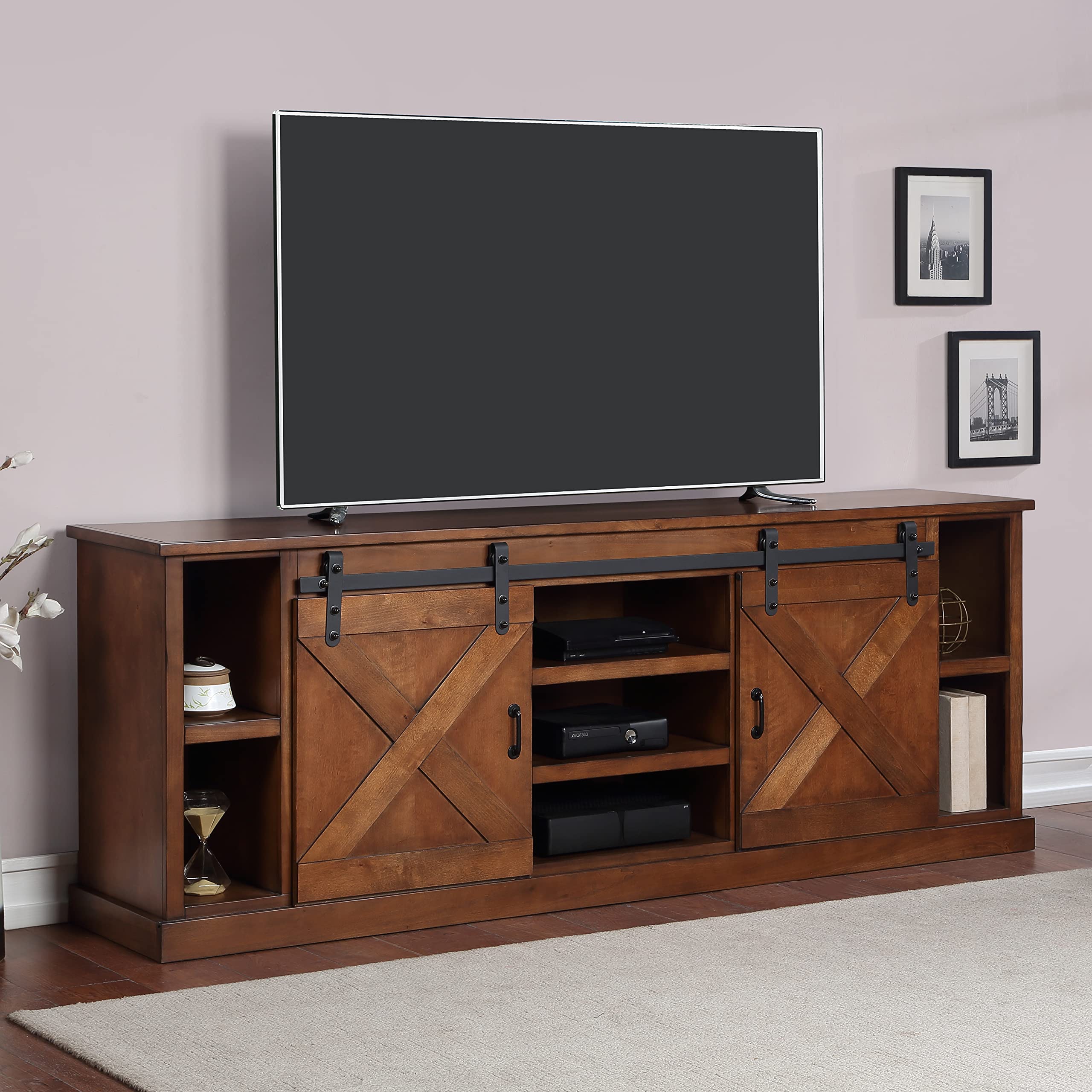 Rustic Farmhouse TV Stand - Solid Wood Fully Assembled Entertainment Center for TVs up to 90 Inches - Aged Whiskey Finish - Perfect for Living Room, Home Theater & Cabin Decor