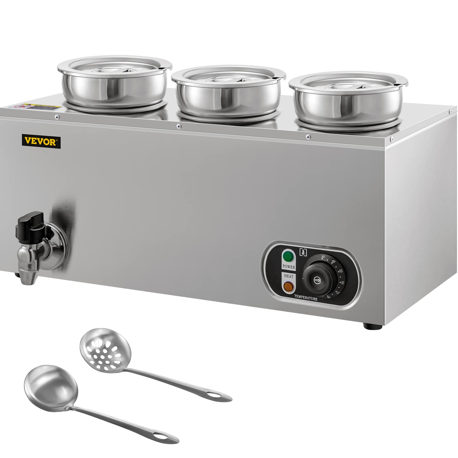 VEVOR 110V Commercial Food Warmer 12.6Qt (12L) Stainless Steel Soup Pot with Tap - 800W Electric Countertop Bain Marie, Adjustable Temperature 32-185°F - Includes 3 Lids & 2 Ladles - Perfect for Restaurants, Catering & Buffet Service