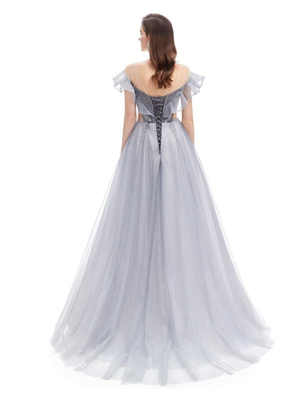 Elegant Grey A-Line Short Sleeve Off-Shoulder Long Prom Dress for Women - Perfect for Homecoming, Formal Events & Evening Parties