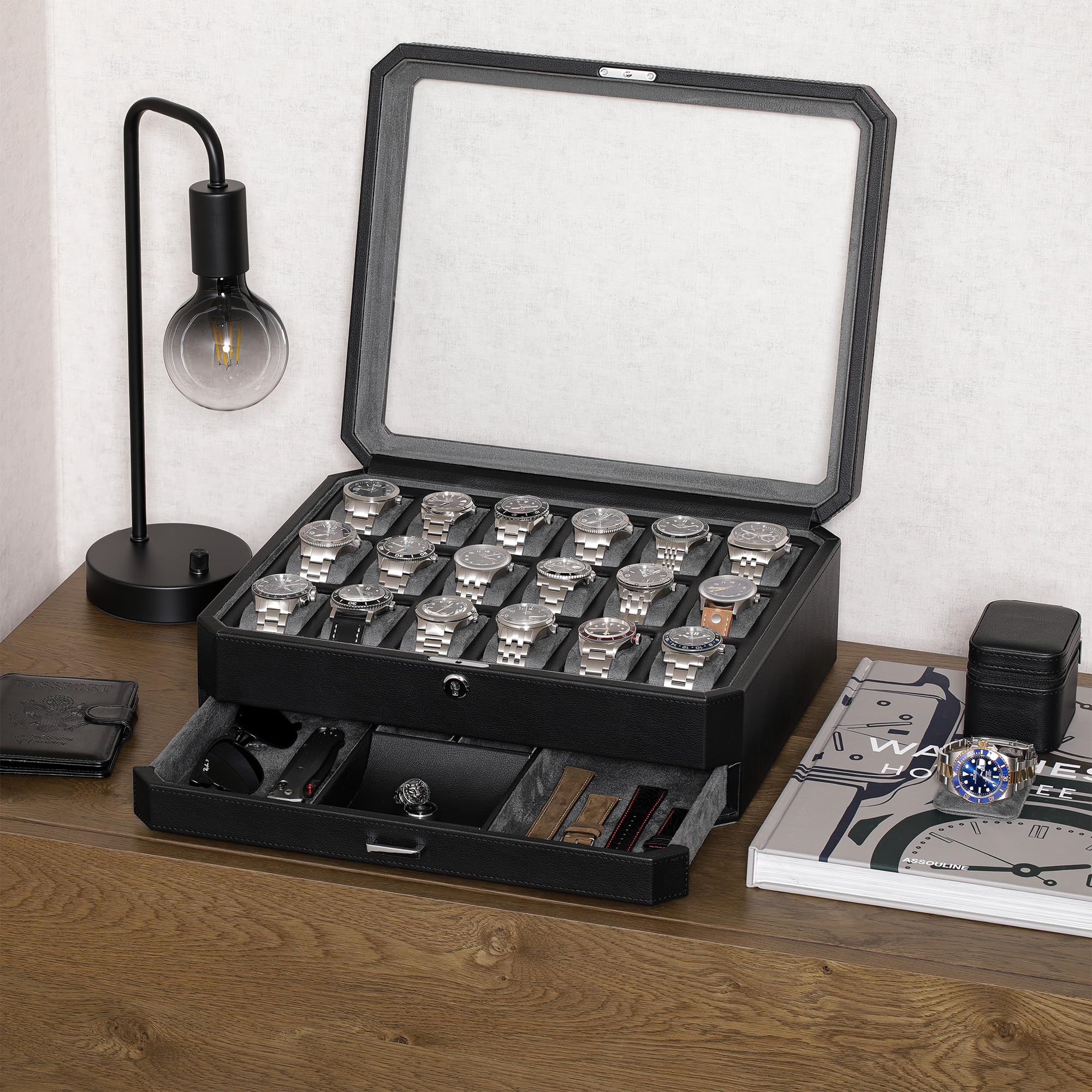 ROTHWELL 18-Slot Luxury Watch Box with Drawer - Men's Watch Display Case with Real Glass Top & Lockable Design for Watch Collections (Black/Grey) - Perfect for Home, Office & Travel Storage