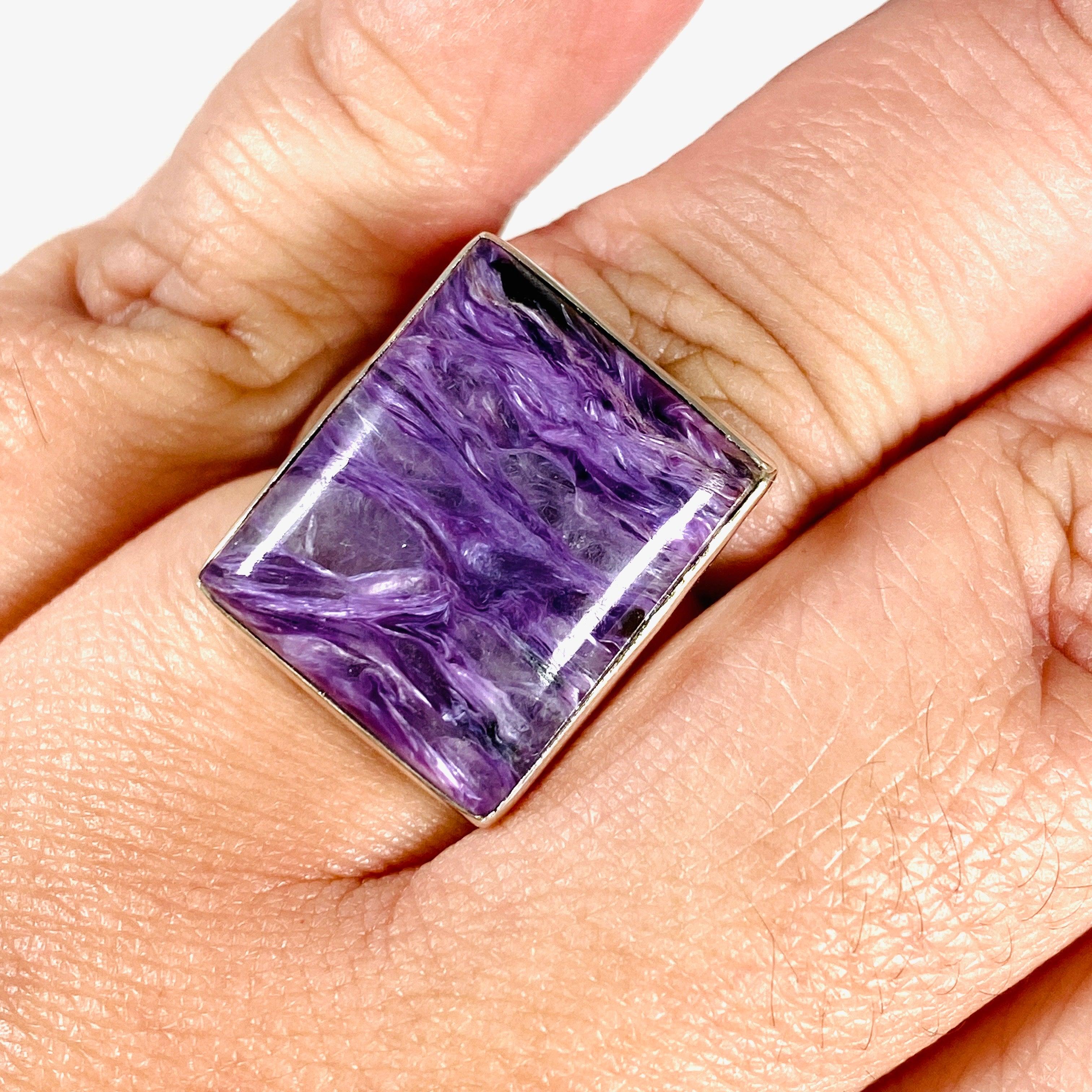Charoite Silver Rectangular Ring for Women - Size 11 - KRGJ3046 - Elegant Purple Gemstone Jewelry for Everyday Wear & Special Occasions