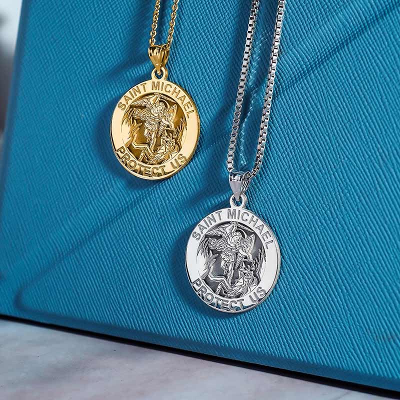 St. Michael Necklace - 14K Gold & Sterling Silver Catholic Saint Michael Pendant for Women & Men | Religious Jewelry, Christian Gift, First Communion Present for Boys & Girls | Perfect for Daily Wear, Church Events & Spiritual Protection