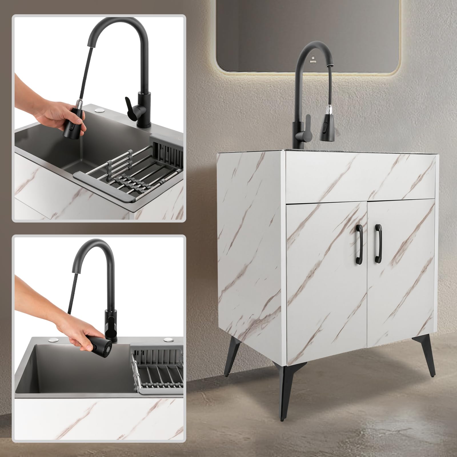 **YIYIBYUS 60 x 45cm Stainless Steel Utility Sink with White Cabinet - Heavy-Duty Laundry Sink for Kitchen, Bathroom, Basement & Utility Room - Perfect for Washing Clothes, Cleaning Tools & Household Chores**