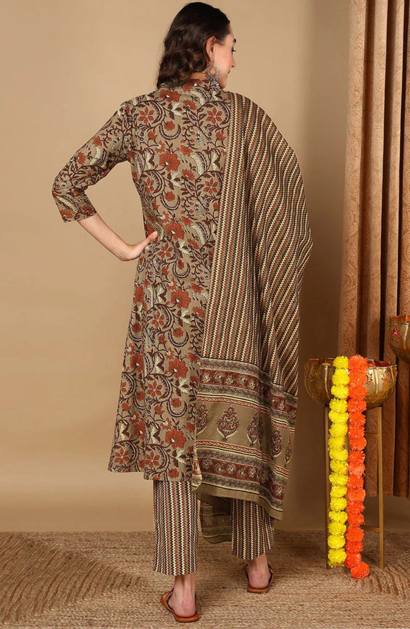 Taupe Pure Cotton Floral Printed Angharkha Suit Set for Women | Traditional Indian Ethnic Wear | Perfect for Festivals, Weddings & Special Occasions