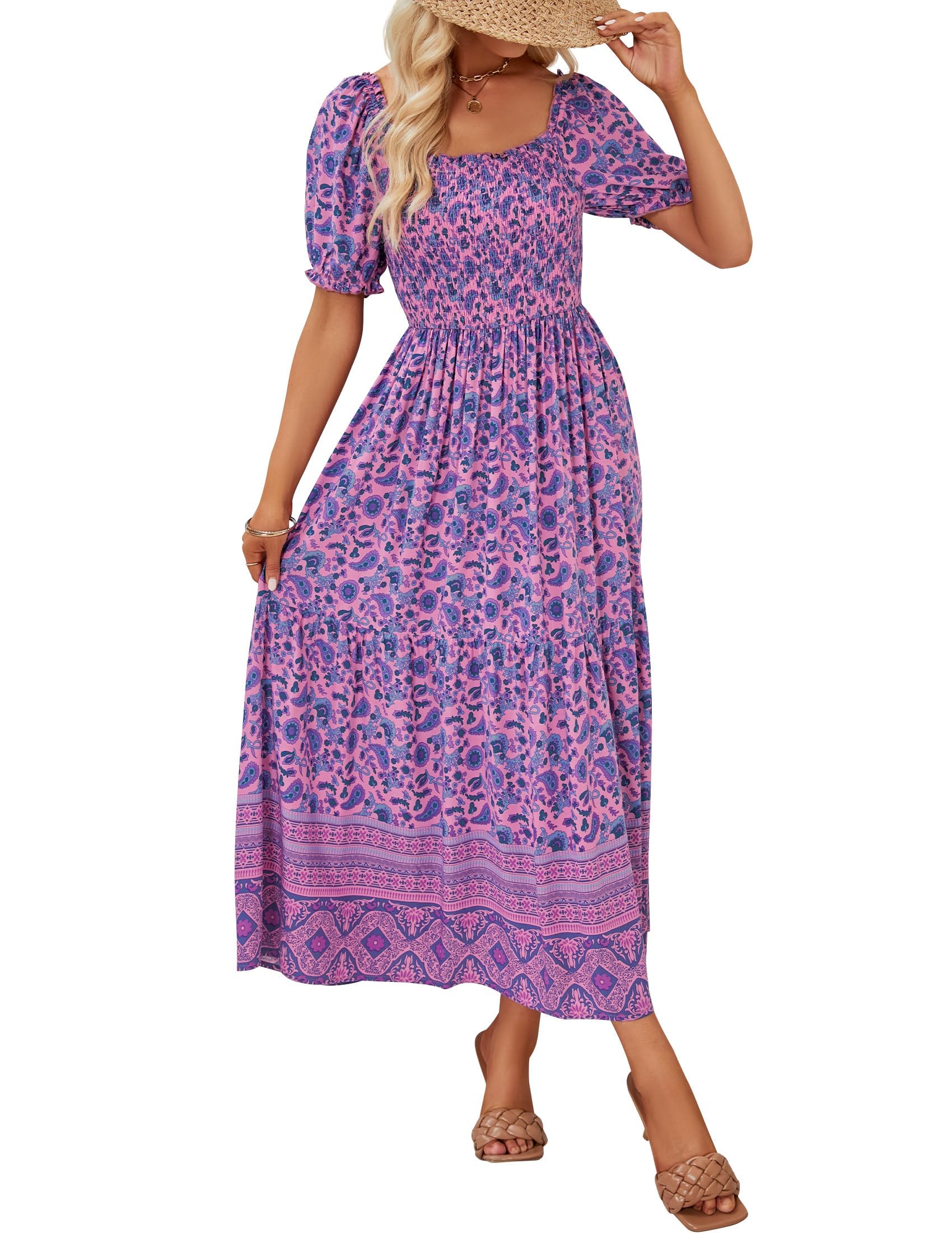ZESICA Women's 2025 Summer Boho Floral Print Square Neck Ruffle Swing Beach Long Maxi Dress - Perfect for Vacation, Wedding Guest, and Beach Party Outfits