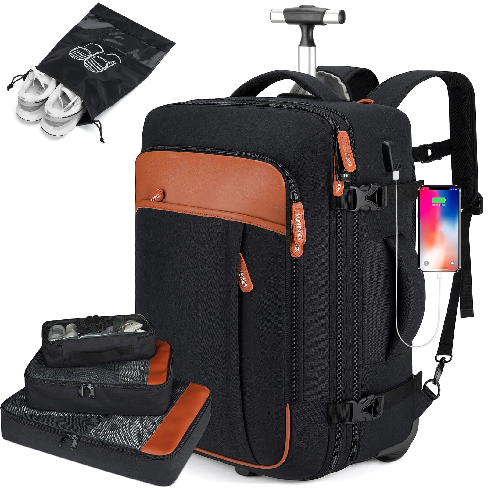 Rolling Backpack for Women & Men - 17.3 Inch Wheeled Laptop Backpack with 4 Packing Cubes, Travel Backpack with Wheels for Business Work & Airplane Carry On (Black) - Perfect for Commuting, Business Trips & Airport Travel