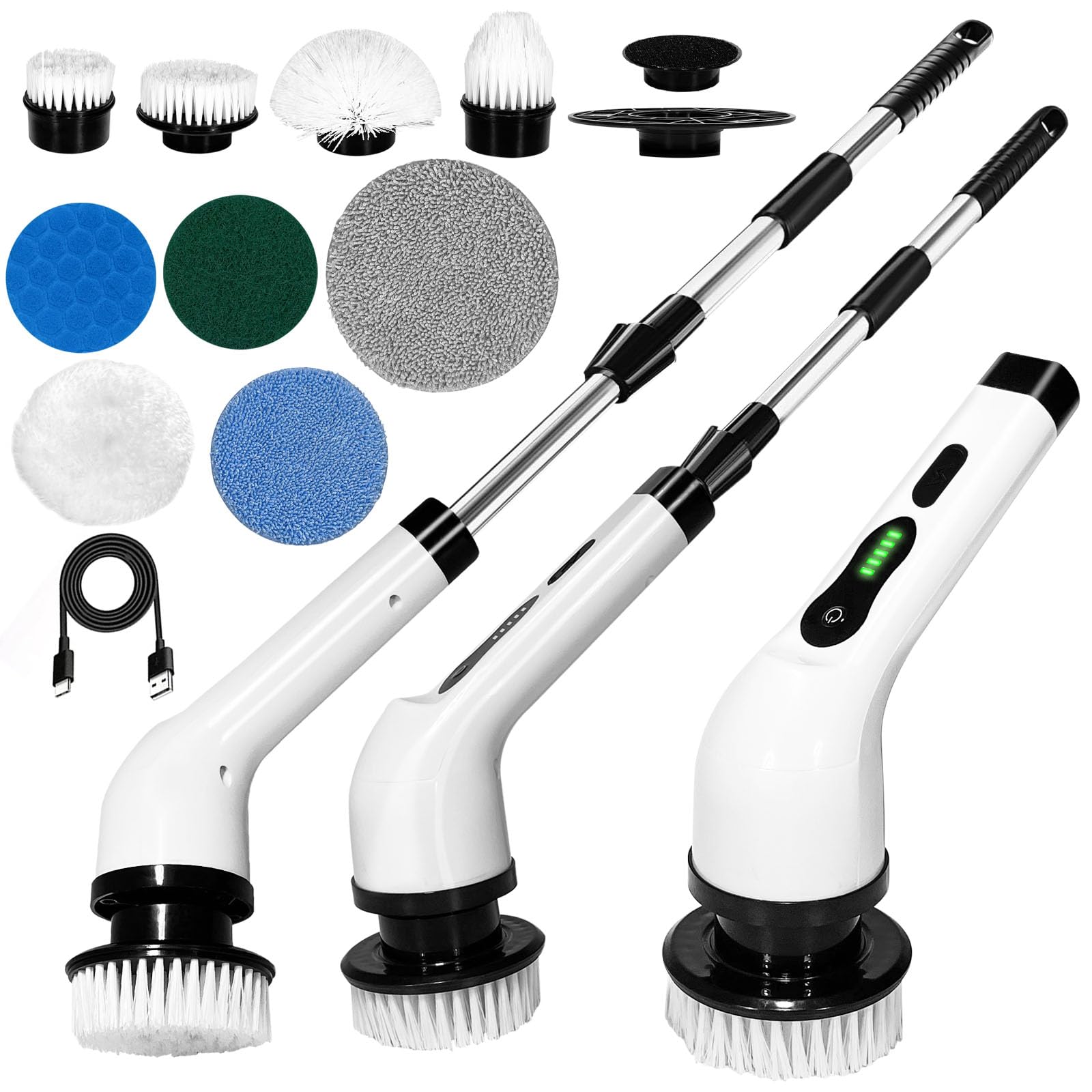 Electric Spin Scrubber with 9 Replacement Heads & Extendable Handle - Power Cleaning Brush for Bathroom, Kitchen, Tile, Floor, Tub, Car - Perfect for Deep Cleaning Showers, Sinks, Grout & Vehicle Interiors