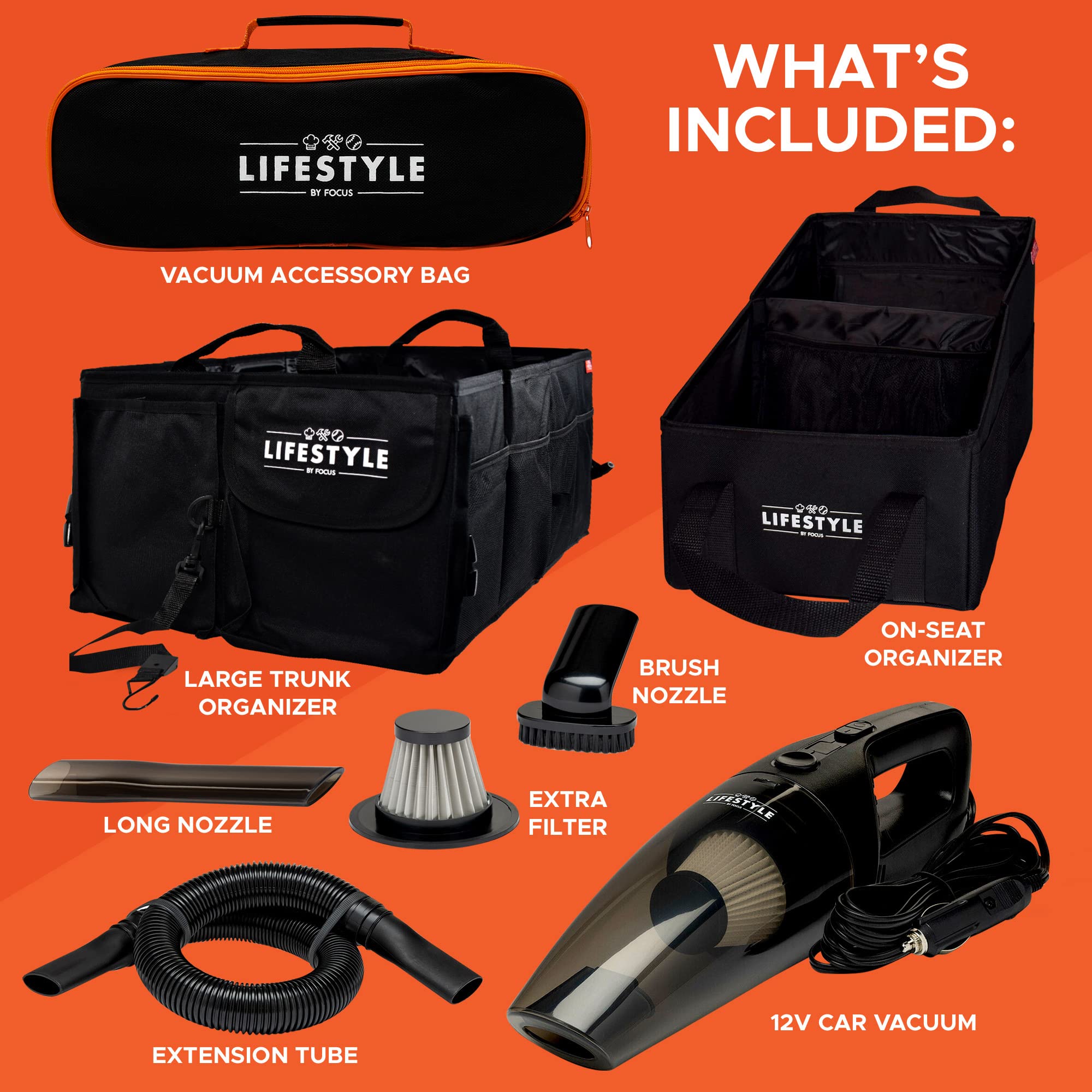 Premium Car Storage and Vacuum Cleaner Set - Large Trunk Organizer, Seat Back Organizer & 12V Portable Car Vacuum for Road Trips, Camping & Daily Commute