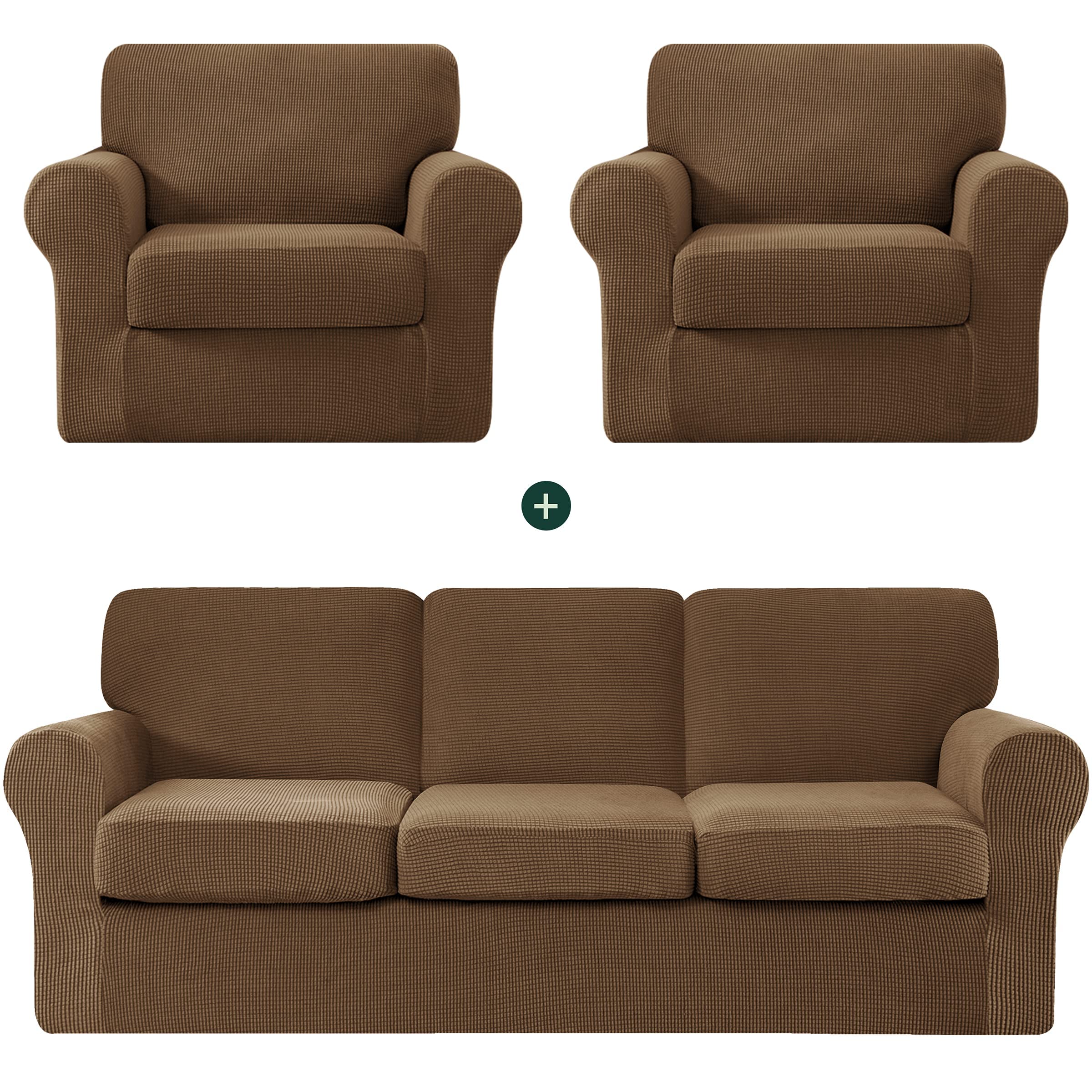 CHUN YI 2-Piece Armchair Sofa Slipcover Set - Stretchable Jacquard Fabric with Separate Backrest & Cushion Covers (Coffee Check Pattern) - Perfect for Living Room Furniture Protection & Style Upgrade