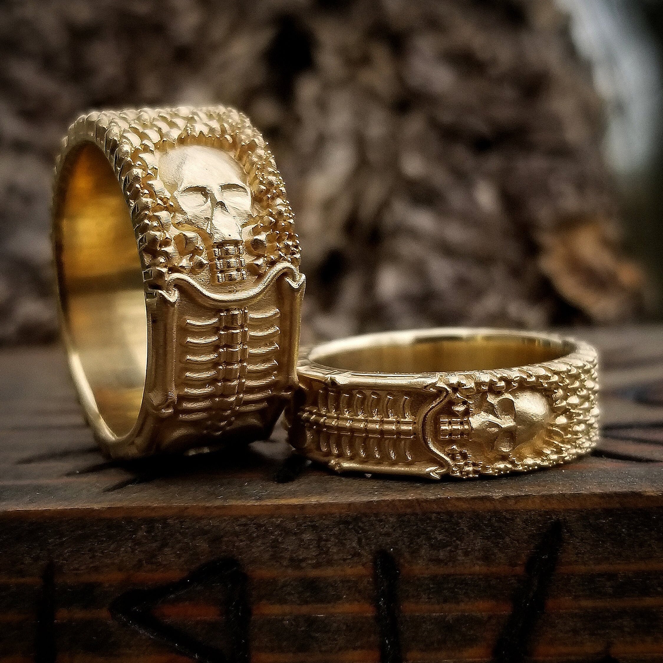 His & Hers Skeleton Wedding Band Set in 14k Gold - Matching Gothic Couple Rings for Halloween, Gothic Weddings & Alternative Lifestyle