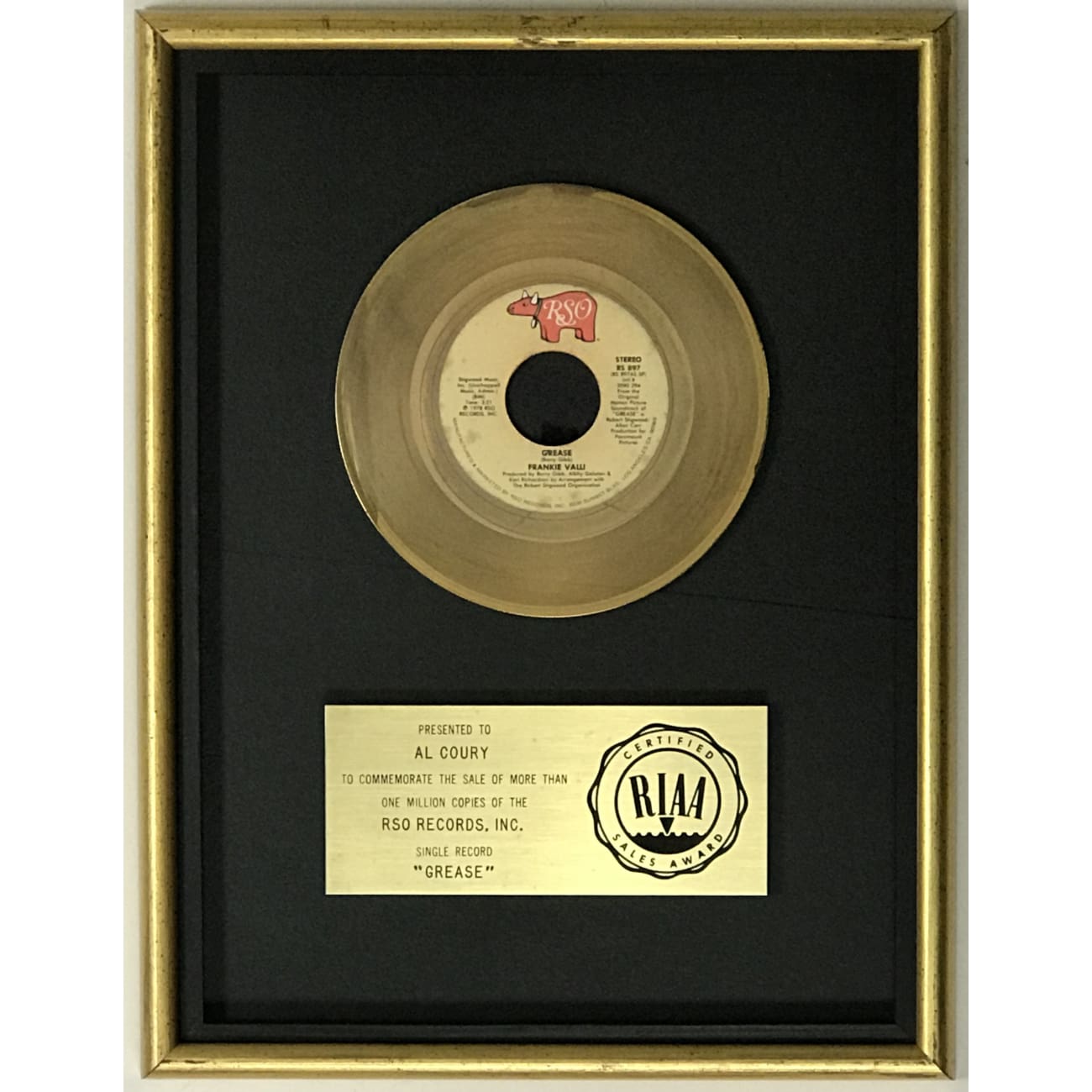 Frankie Valli Grease RIAA Gold 45 Single Award - Vintage Music Collectible for Fans & DJs - Perfect for Home Decor, Music Room Displays & Retro Parties