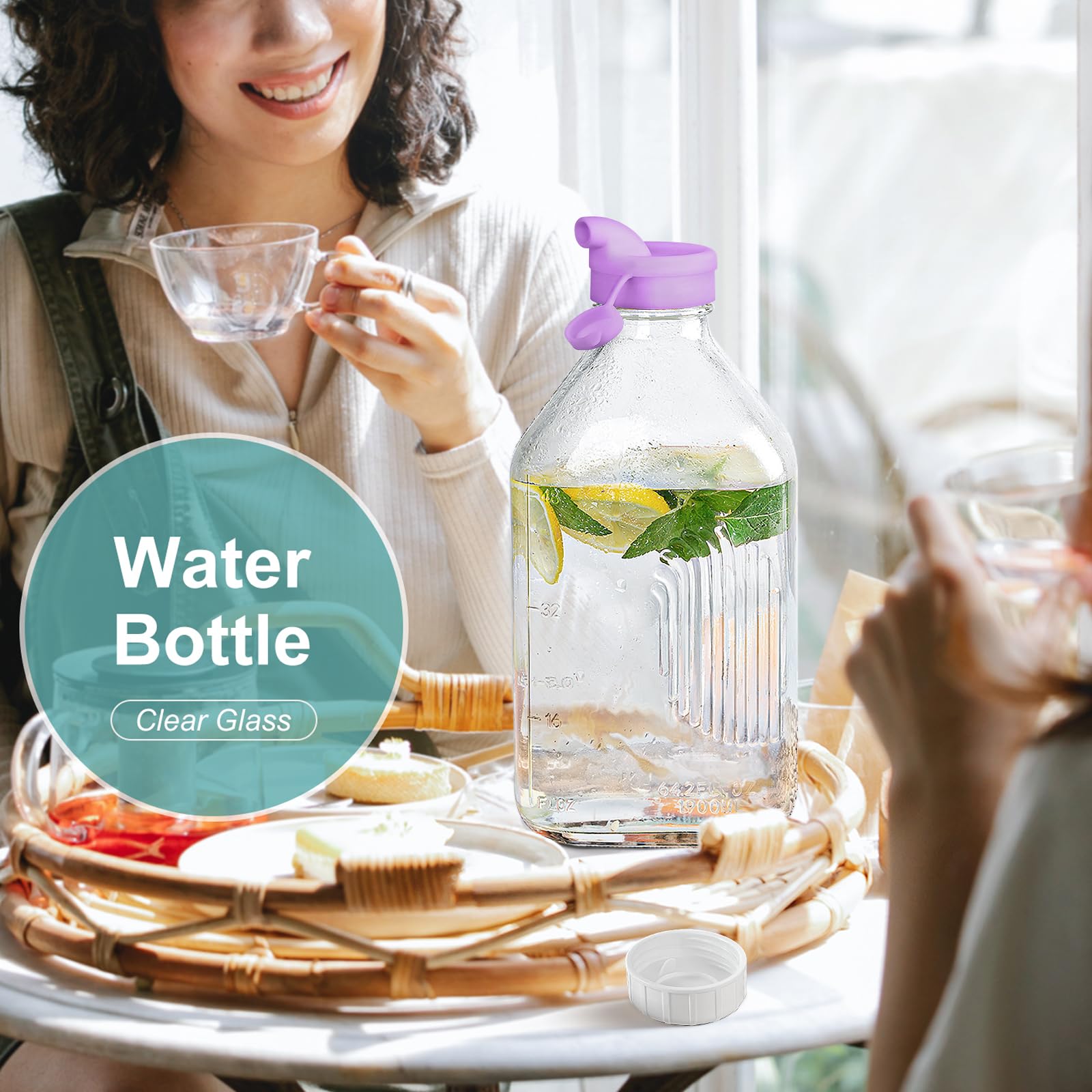 2 Pack 64 Oz Glass Milk Bottle with Dispenser Cap & Reusable Airtight Screw Lid - Heavy Duty 2 Qt Water Bottle with Measurement Lines - Perfect for Milk, Juice, Iced Tea Storage & Pouring - Ideal for Kitchen, Restaurant, Coffee Shop Use