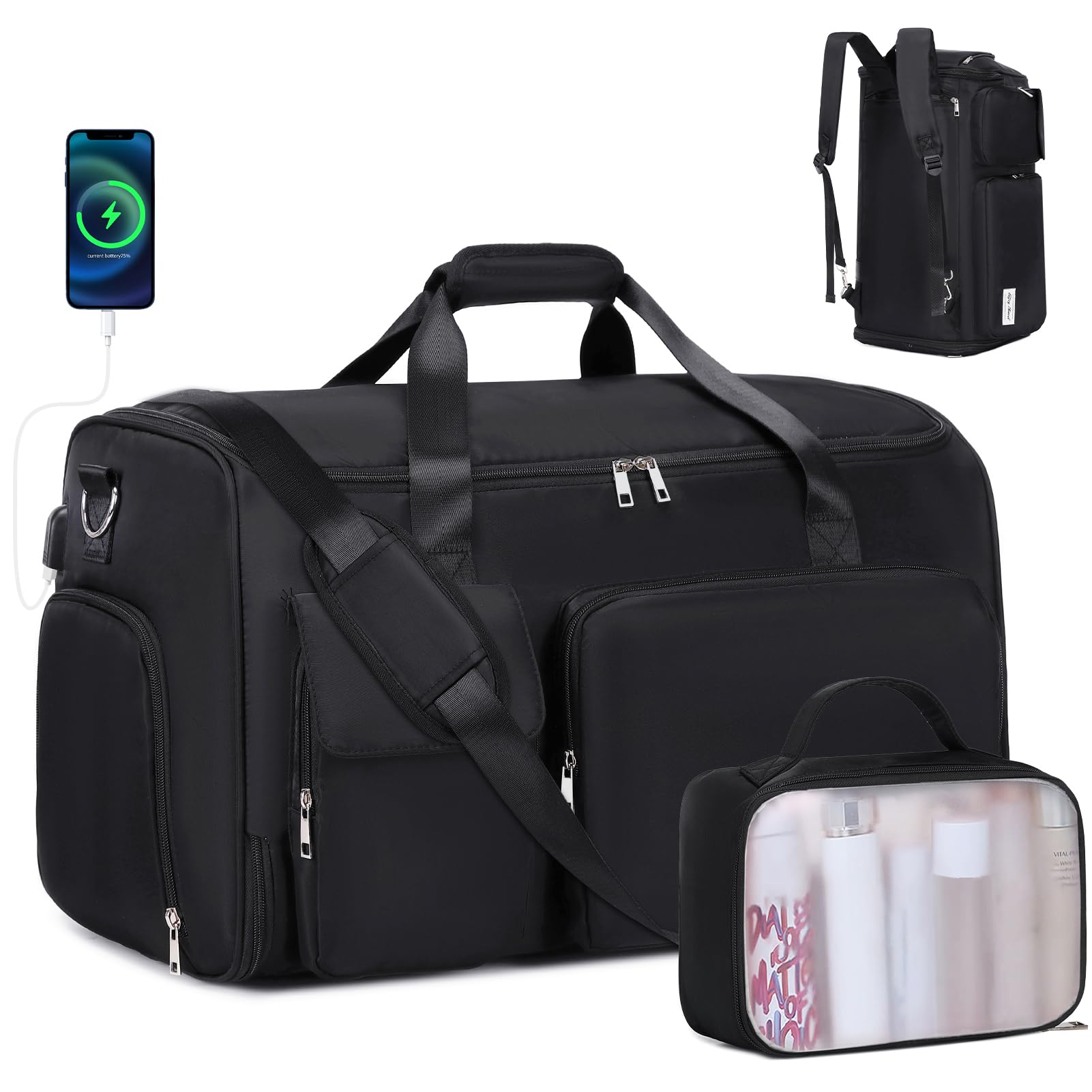 2-in-1 Convertible Travel Garment Bag with Shoe Compartment & Toiletry Bag - Foldable Carry On Duffle Backpack for Suits & Dresses - Hanging Clothes Organizer for Men & Women (Black) | Perfect for Business Trips, Weddings & Vacation Packing