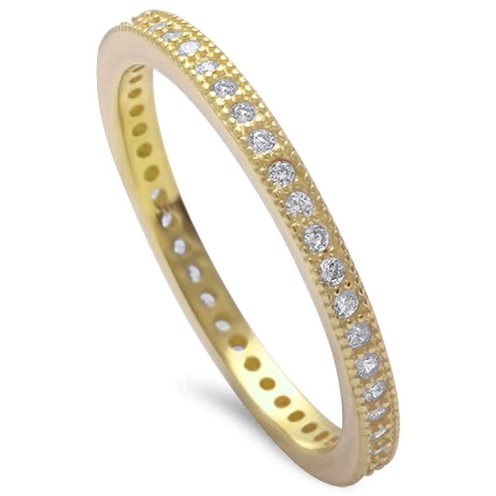 2mm Yellow Gold Plated 925 Sterling Silver Full Eternity Stackable Band Ring with Milgrain Detailing & Round White CZ Stones - Perfect for Wedding, Engagement, Anniversary Gifts & Everyday Stackable Jewelry