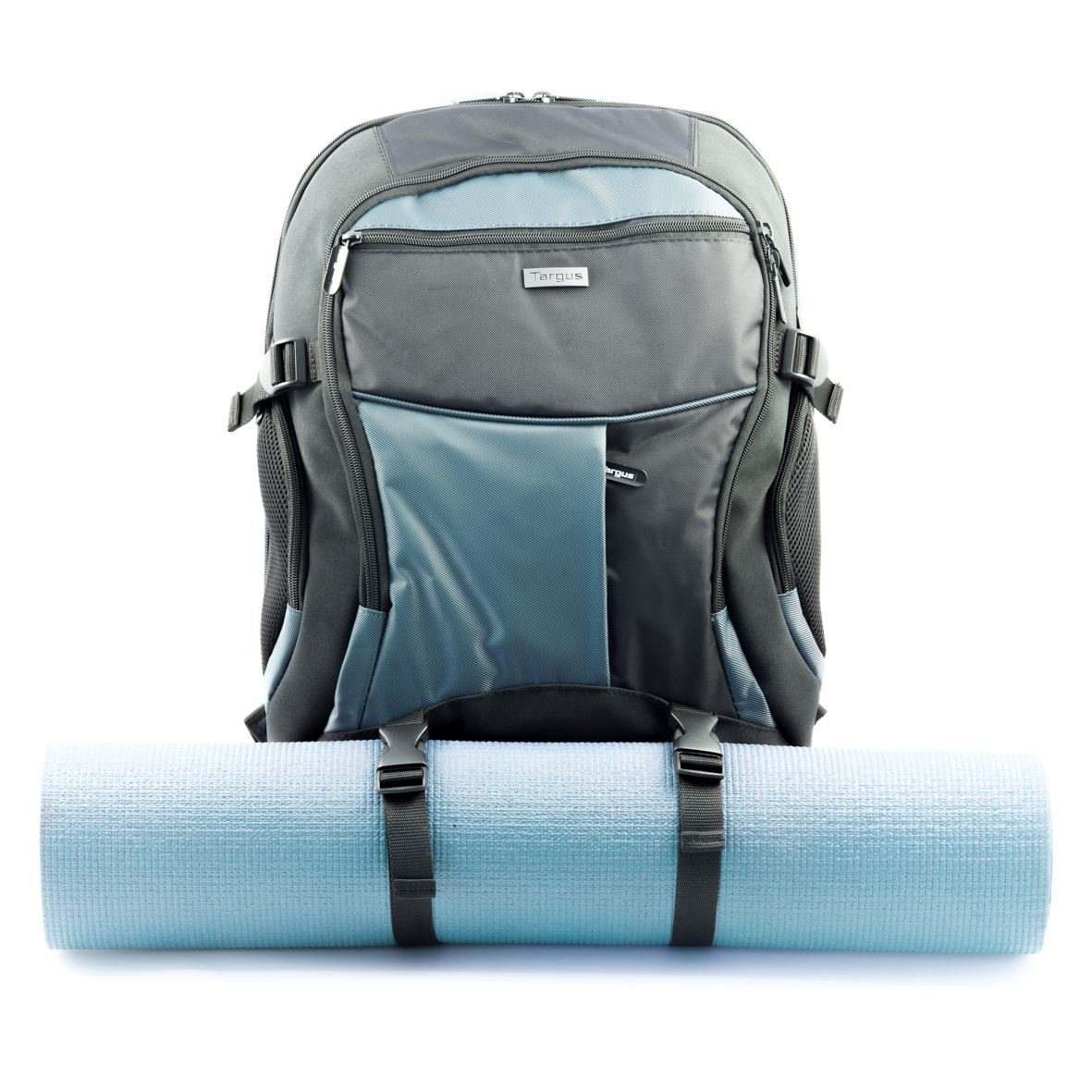 Targus 18-Inch Laptop Backpack with Water-Resistant Rain Cover - Ergonomic Padded Shoulder Straps, Adjustable Chest & Waist Straps - Durable Molded Carry Handle (Black/Blue) - Perfect for Work, School & Travel