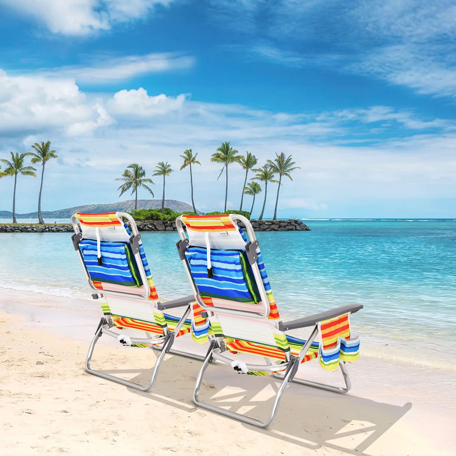 GYMAX 4-Pack Beach Chairs with Cooler Bag & Cup Holder - Portable Backpack Folding Camping Chairs with Armrests, Towel Bar & Storage Pockets - Lightweight Sunbathing Lounge Chairs for Beach, Pool, Picnic, Backyard & Outdoor Activities (Yellow Stripe)