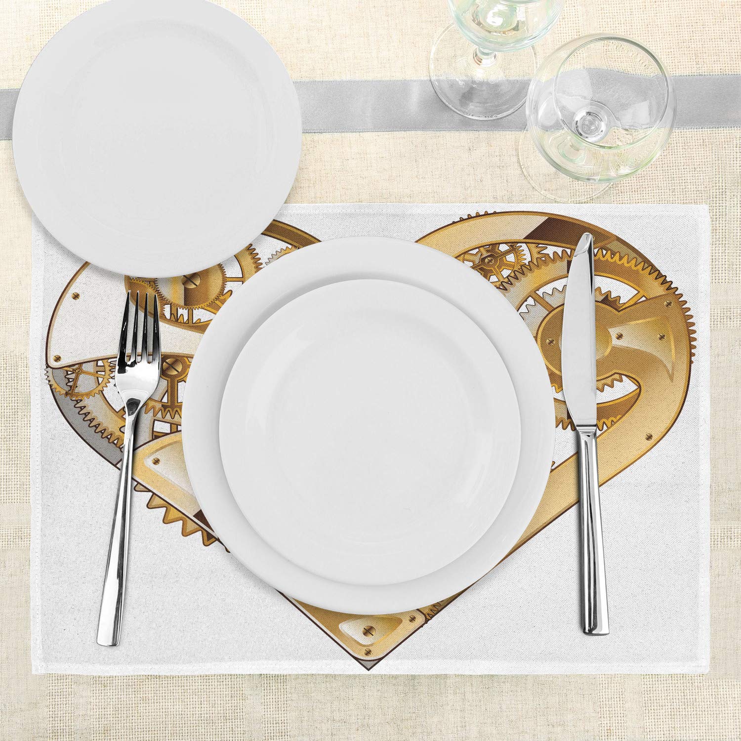 Ambesonne Industrial Placemats Set of 4 - Mechanic Heart Physical Bodies Complex Structure Love Techno Romance Design - Washable Fabric Table Mats for Dining Room & Kitchen Decor in Pale Brown & White - Perfect for Dinner Parties, Family Gatherings & Home Decor