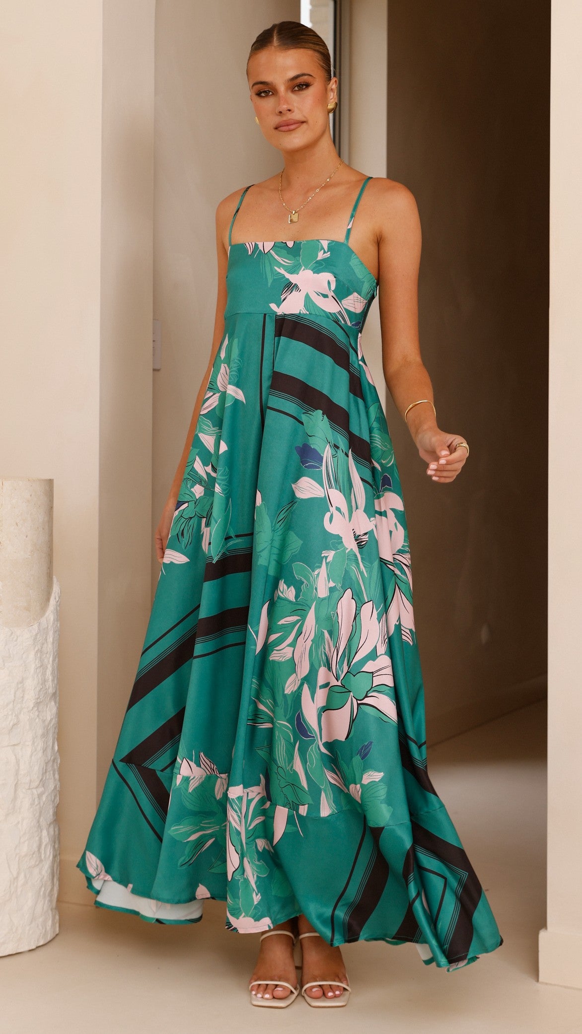 Kaethe Maxi Dress for Women - Flowy Green & Pink Summer Dress - Perfect for Beach Vacation, Date Night & Casual Outings
