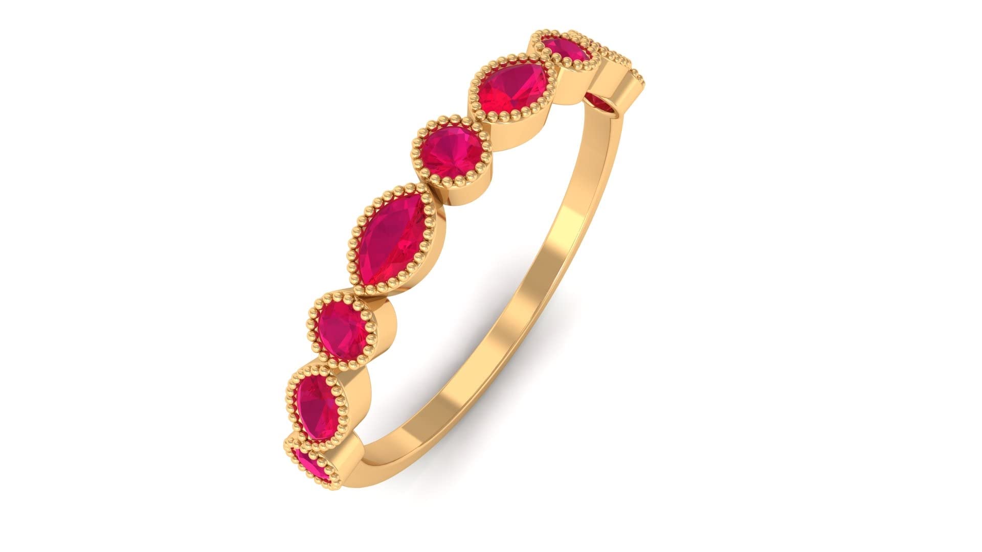 1 CT Marquise & Round Ruby Half Eternity Ring - 14K Solid Gold Beaded Wedding Band for Women - Perfect for Anniversary, Engagement & Valentine's Day Gifts