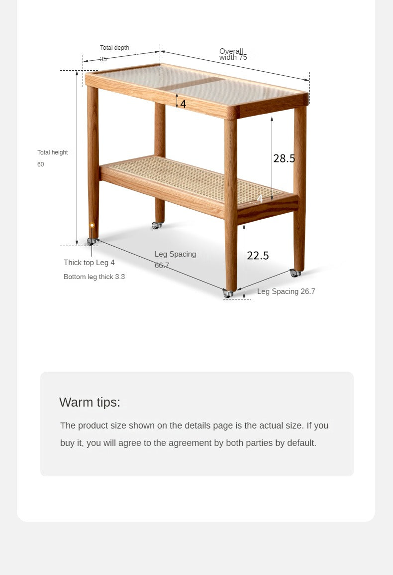 Solid Oak Wood Japanese Style Glass Rattan Rocking Side Table - Portable End Table for Living Room, Bedroom, or Outdoor Patio Decor