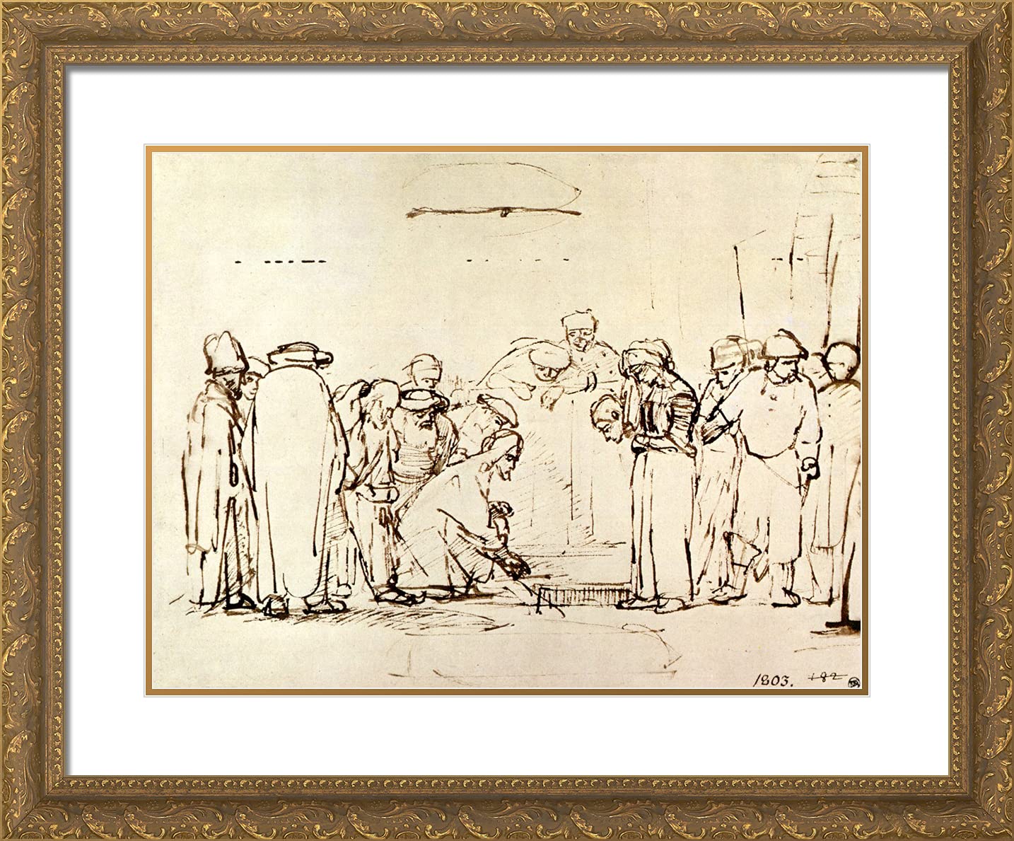 Rembrandt Jesus and the Adulteress 24x20 Gold Ornate Framed Art Print with Double Matting - Religious Wall Decor for Church, Home & Office