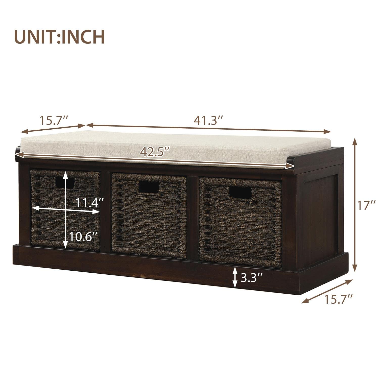 JINS&VICO Entryway Storage Bench with 3 Rattan Baskets & Removable Cushion - Shoe Bench, Footrest, Hallway Organizer (Espresso) - Perfect for Entryway, Living Room, Bedroom & Mudroom Organization