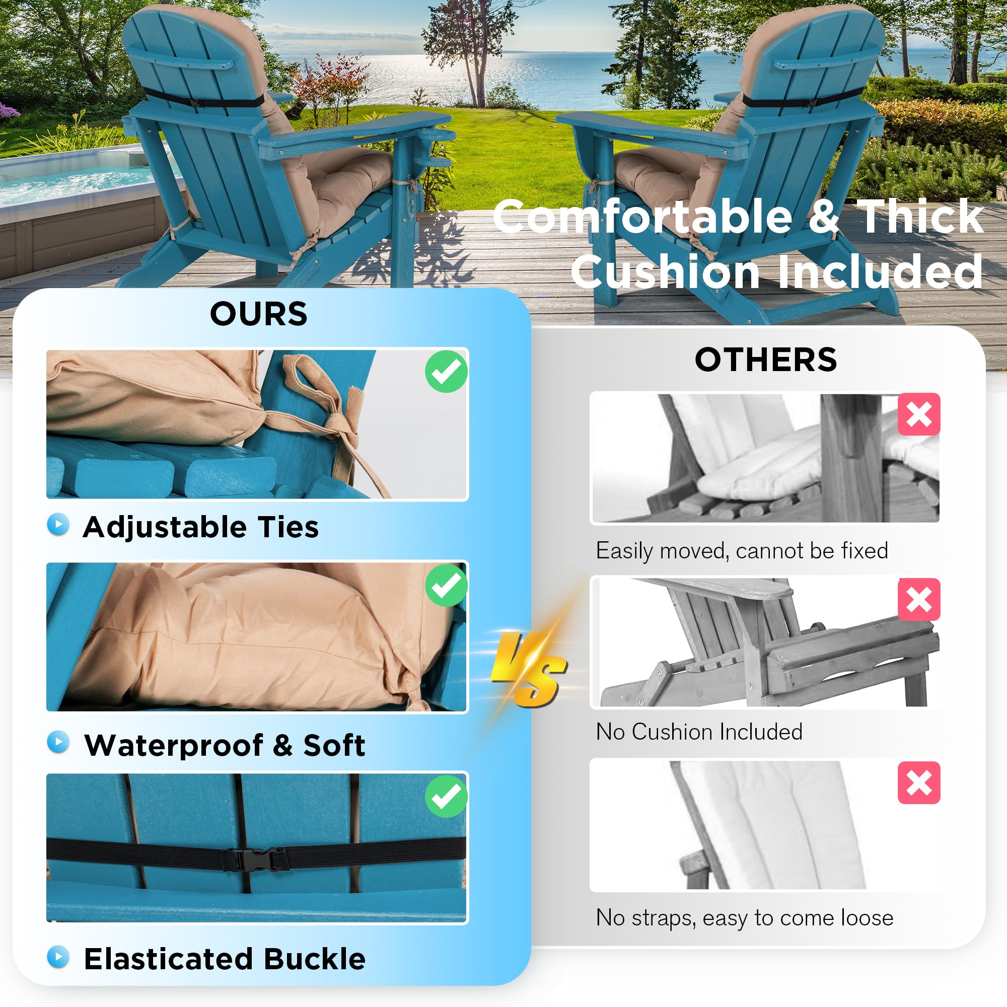 Nalone 2-Pack Folding Adirondack Chairs with Cushions & Cup Holders - HDPE Plastic Oversized Weather-Resistant Outdoor Patio Chairs for Backyard, Deck, Garden, Poolside, Camping & Fire Pit (Blue)
