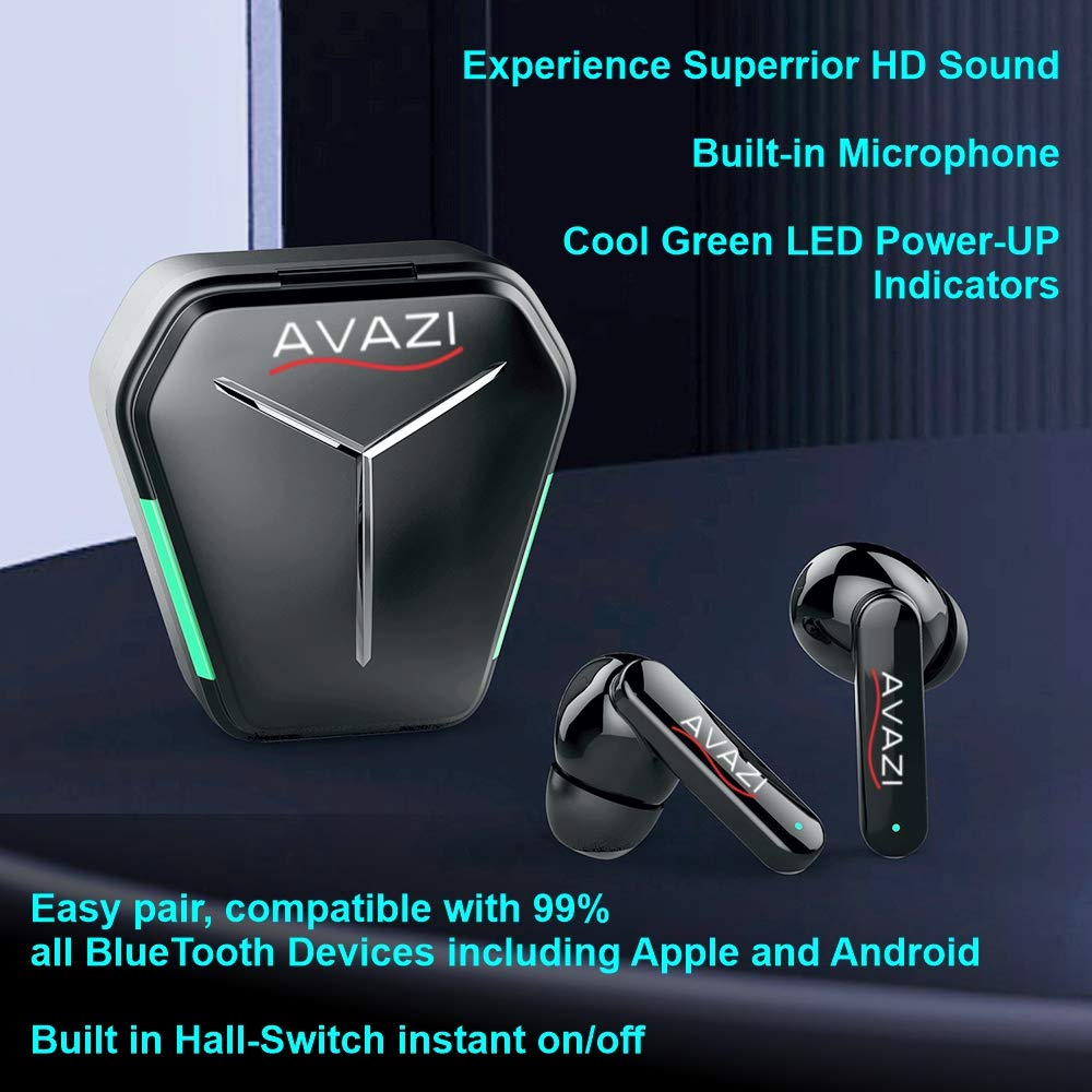 AVAZI GX10 HD True Wireless Earbuds - Bluetooth 5.1 Headphones with Stereo Sound, Built-in Mic, 50ms Ultra Low Latency, IPX5 Sweatproof for Sports, Running, Gym & Gaming - Perfect for Workouts, Commuting & Mobile Gaming