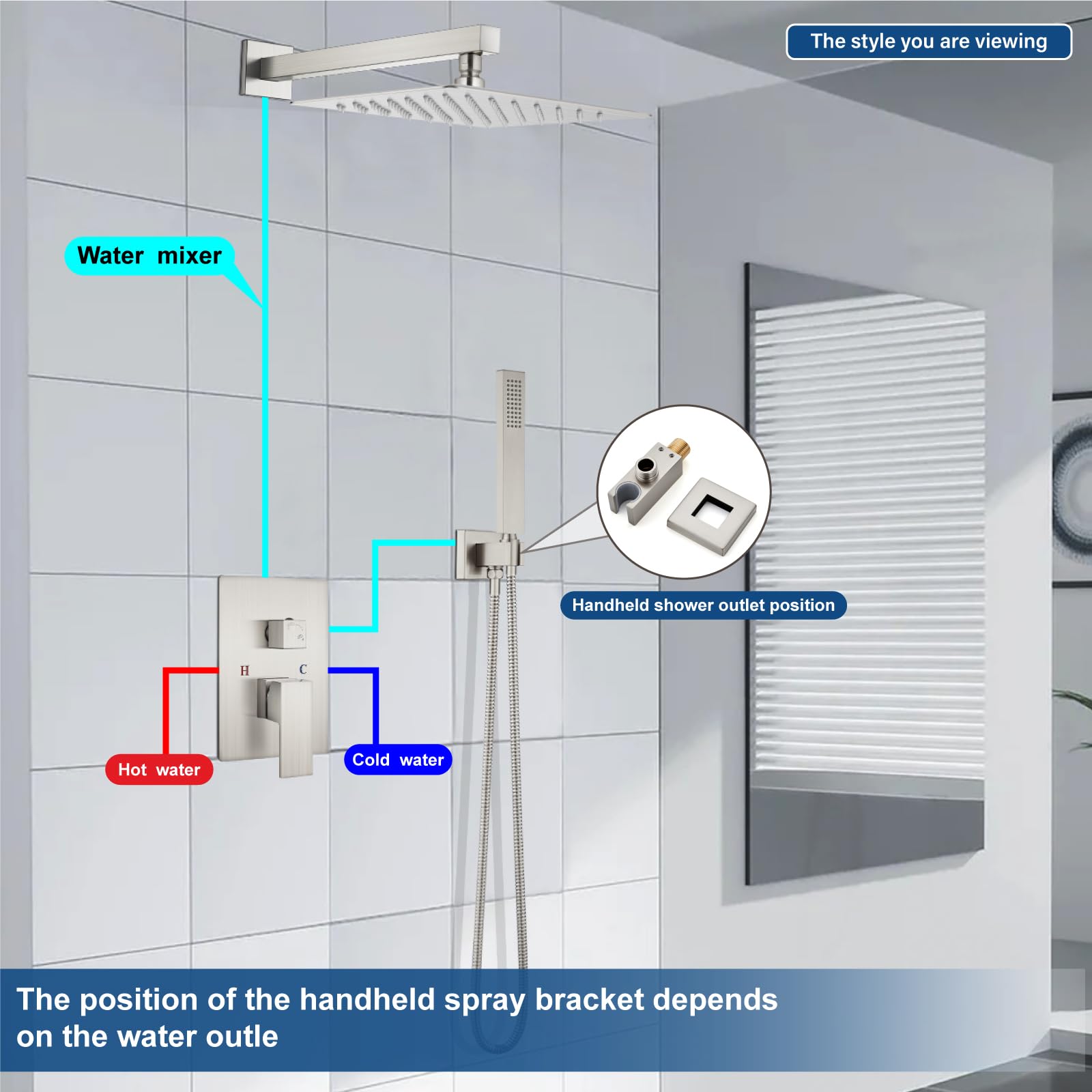Midanya 12 Inch Square Rainfall Shower System - Brushed Nickel Wall Mount Shower Faucet Set with Handheld Sprayer, Rough-in Valve & Trim Kit - Luxury Bathroom Mixer Shower Combo for Spa-like Experience
