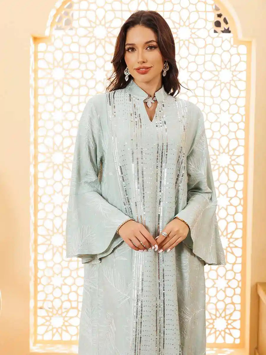 Elegant Eid Dress with Sequins Embroidery - Flowy Caftan Kaftan Dress for Women #25419 | Perfect for Eid Celebrations, Weddings & Special Occasions