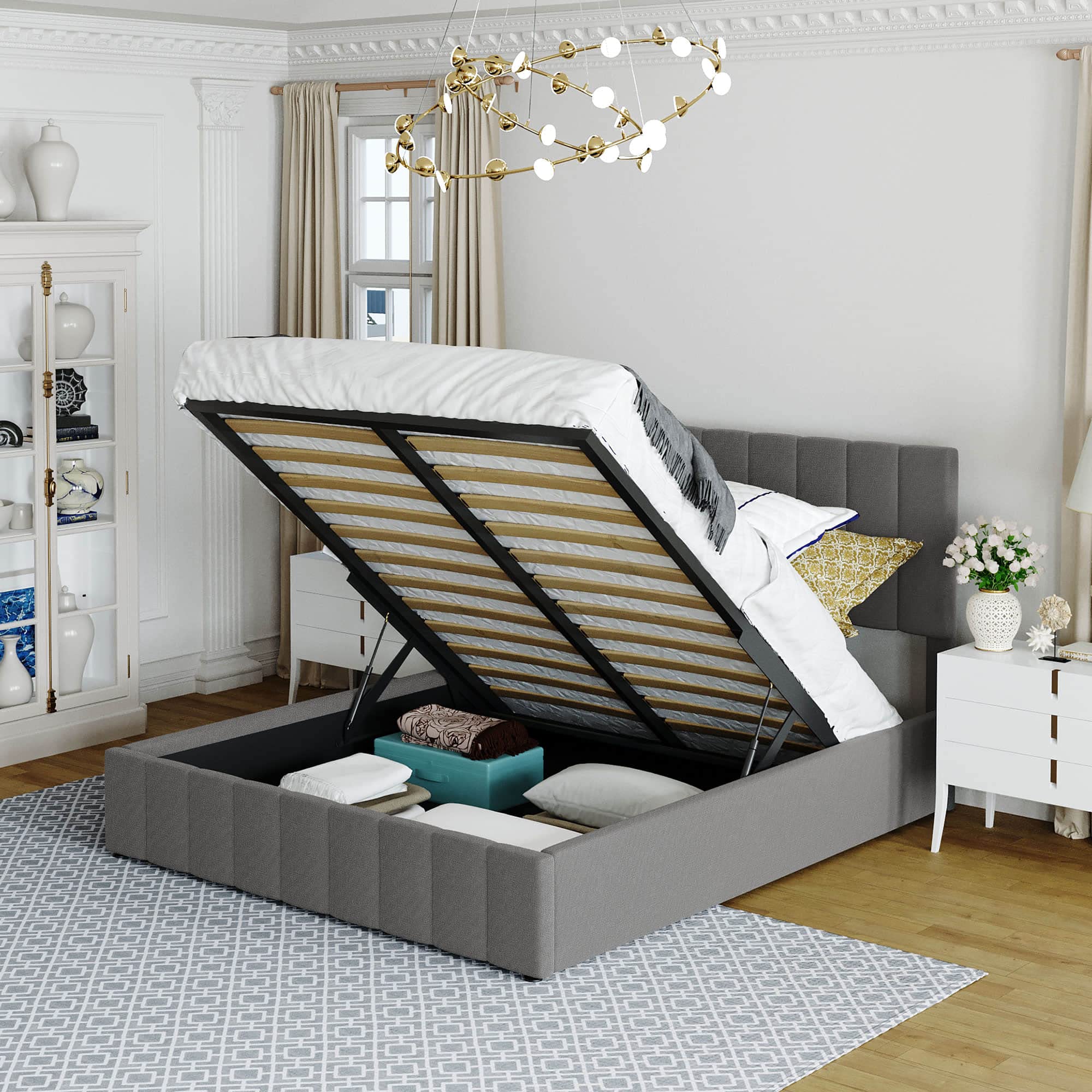 HQNFURX Queen Size Upholstered Platform Bed with Hydraulic Storage System - Sturdy Slat Support, No Box Spring Needed, Easy Assembly Mattress Foundation Bed Frame - Perfect for Small Bedrooms, Guest Rooms & Modern Apartments
