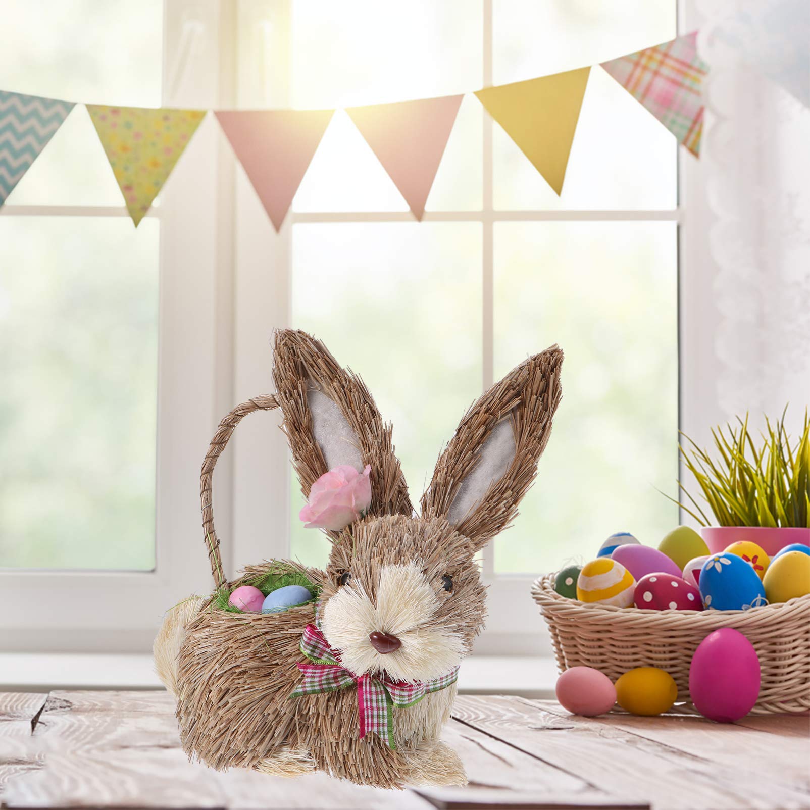 Handmade Easter Straw Basket Bunny Decoration - Cute Rabbit Figure Ornament for Easter Home Decor, Party Favors & Spring Table Centerpiece