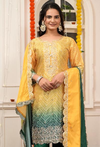Yellow & Green Chinon Silk Bandhani Salwar Suit Set for Women | Traditional Indian Ethnic Wear | Perfect for Weddings, Festivals & Special Occasions