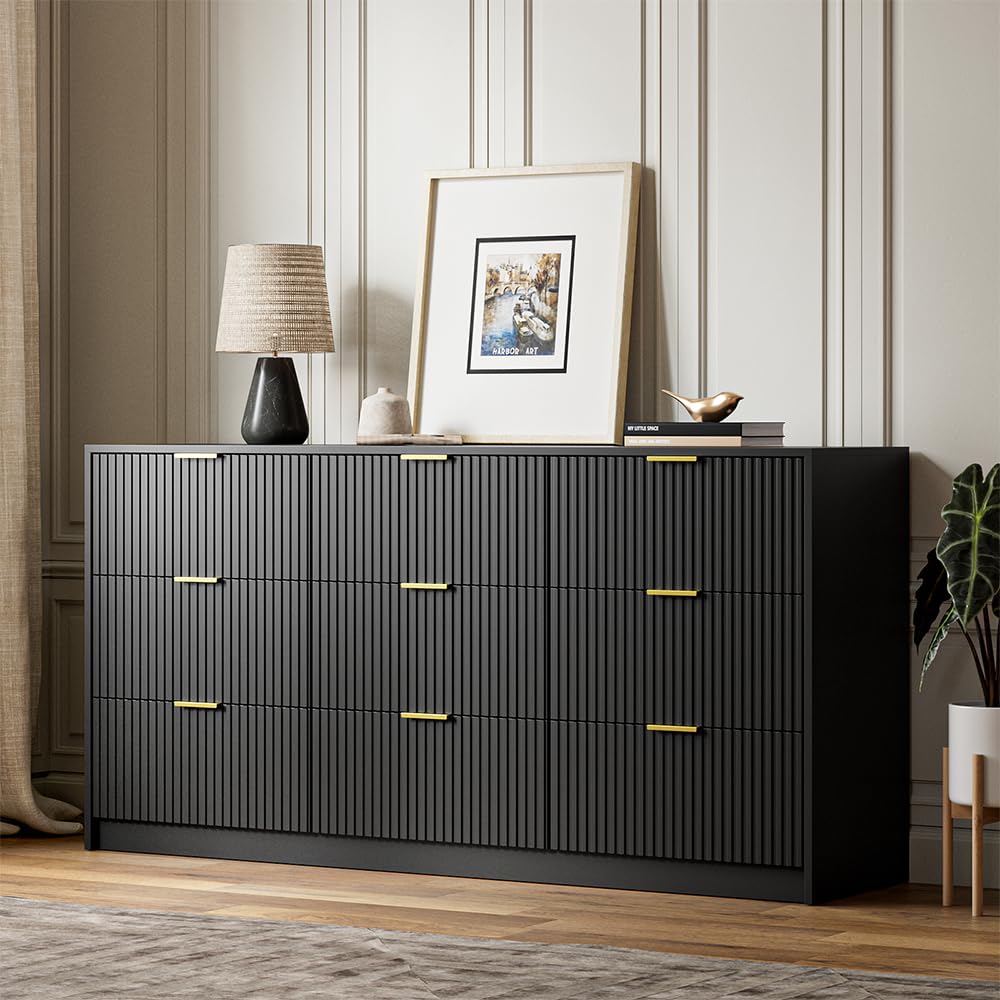 Modern 9-Drawer Double Dresser for Bedroom - Black Chest of Drawers with Spacious Storage (63