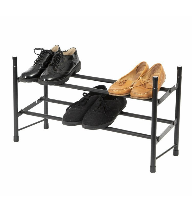 2-Tier Extendable Shoe Rack for Closet - Space Saving Black Shoe Organizer - Perfect for Entryway, Bedroom & Small Spaces