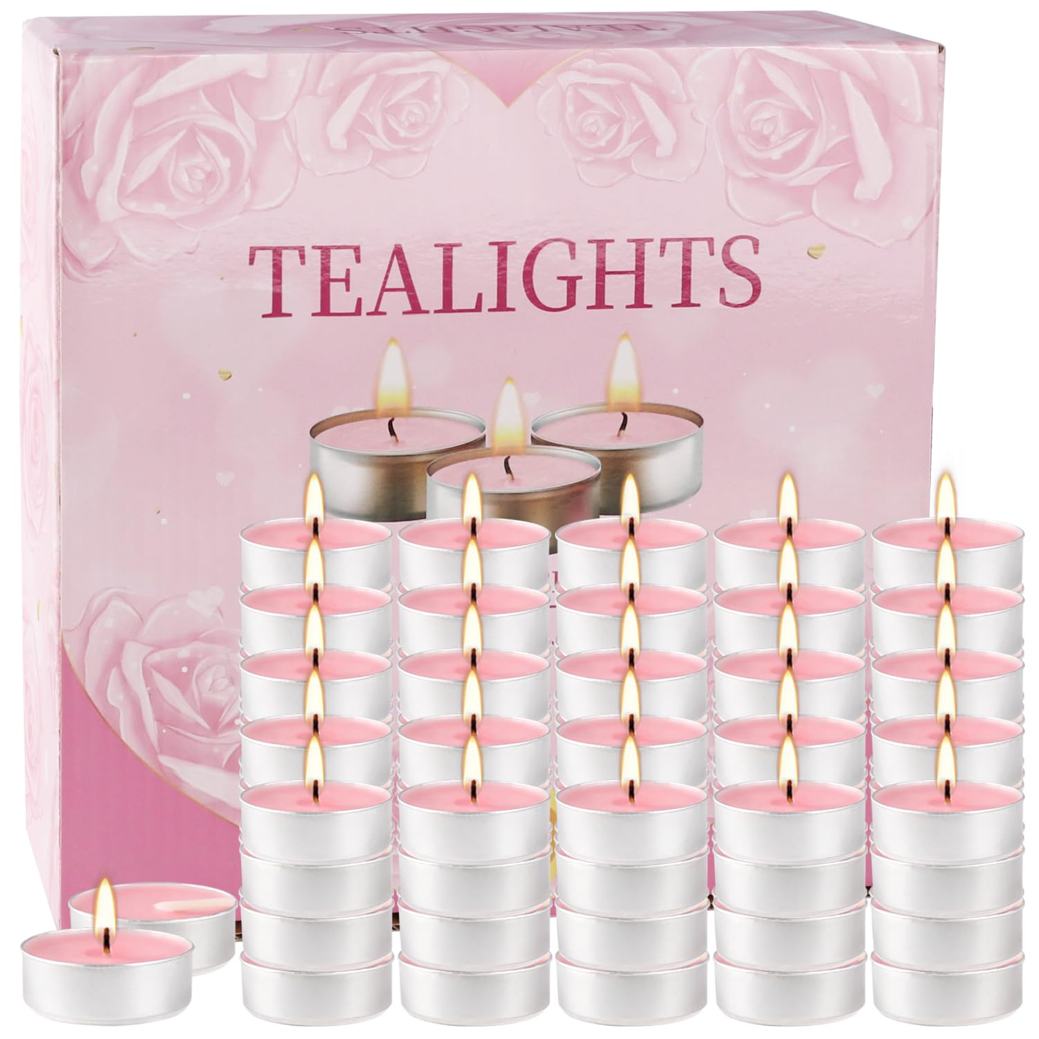 Pink Unscented Tealight Candles 100 Pack - 4-Hour Burn for Weddings, Valentine's Day & Parties
